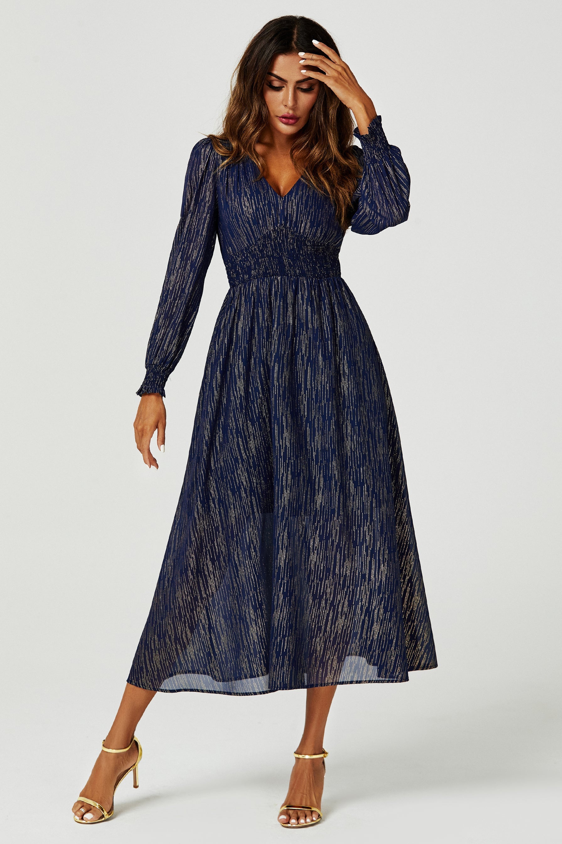 Gold Stripe Foil Long Sleeve Maxi Dress In Navy