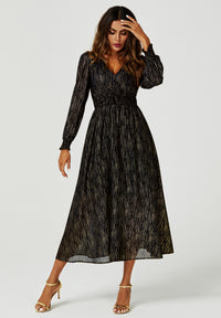 Gold Stripe Foil Long Sleeve Maxi Dress In Black