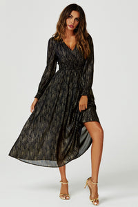 Gold Stripe Foil Long Sleeve Maxi Dress In Black