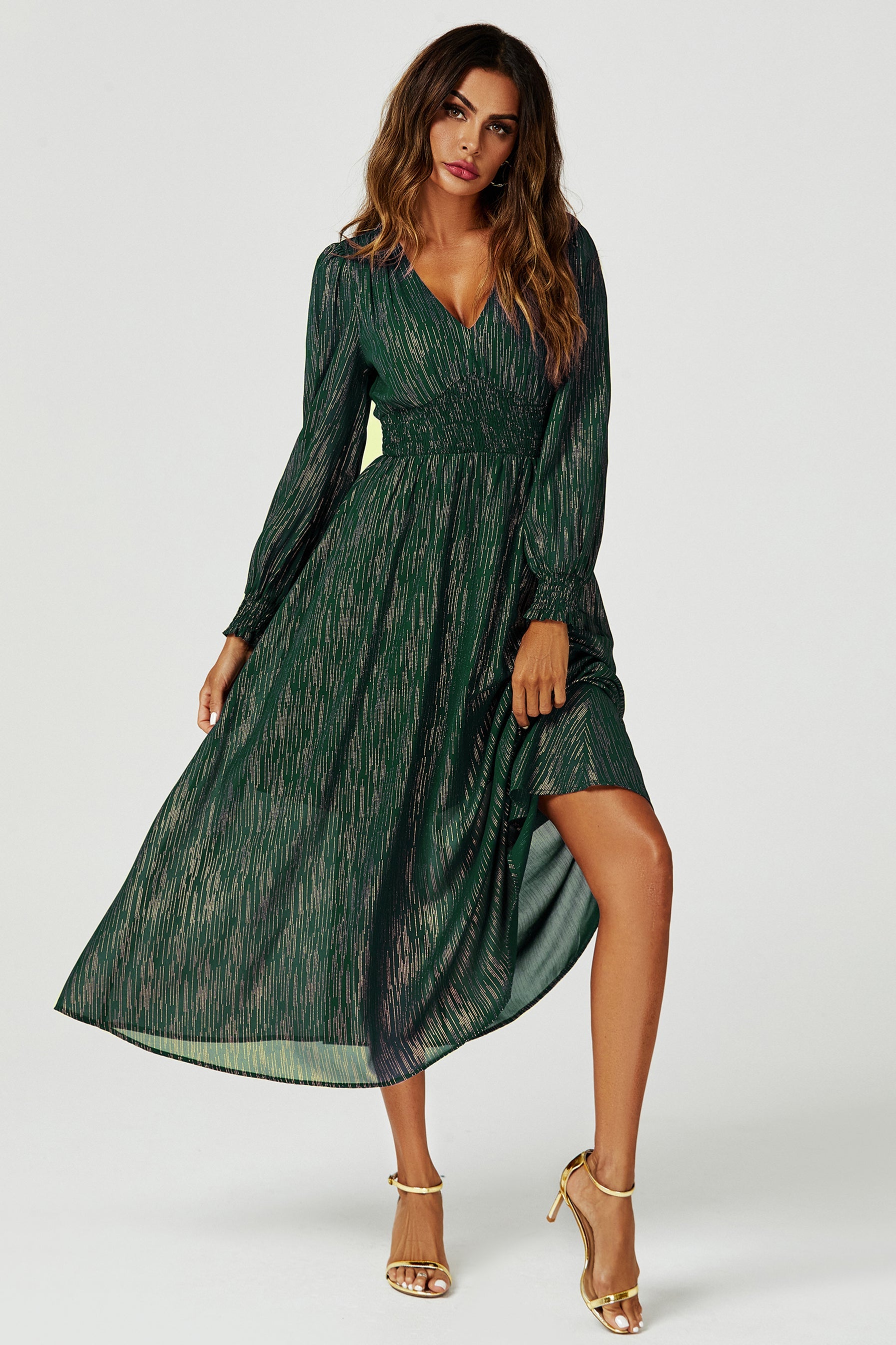 Gold Stripe Foil Long Sleeve Maxi Dress In Green