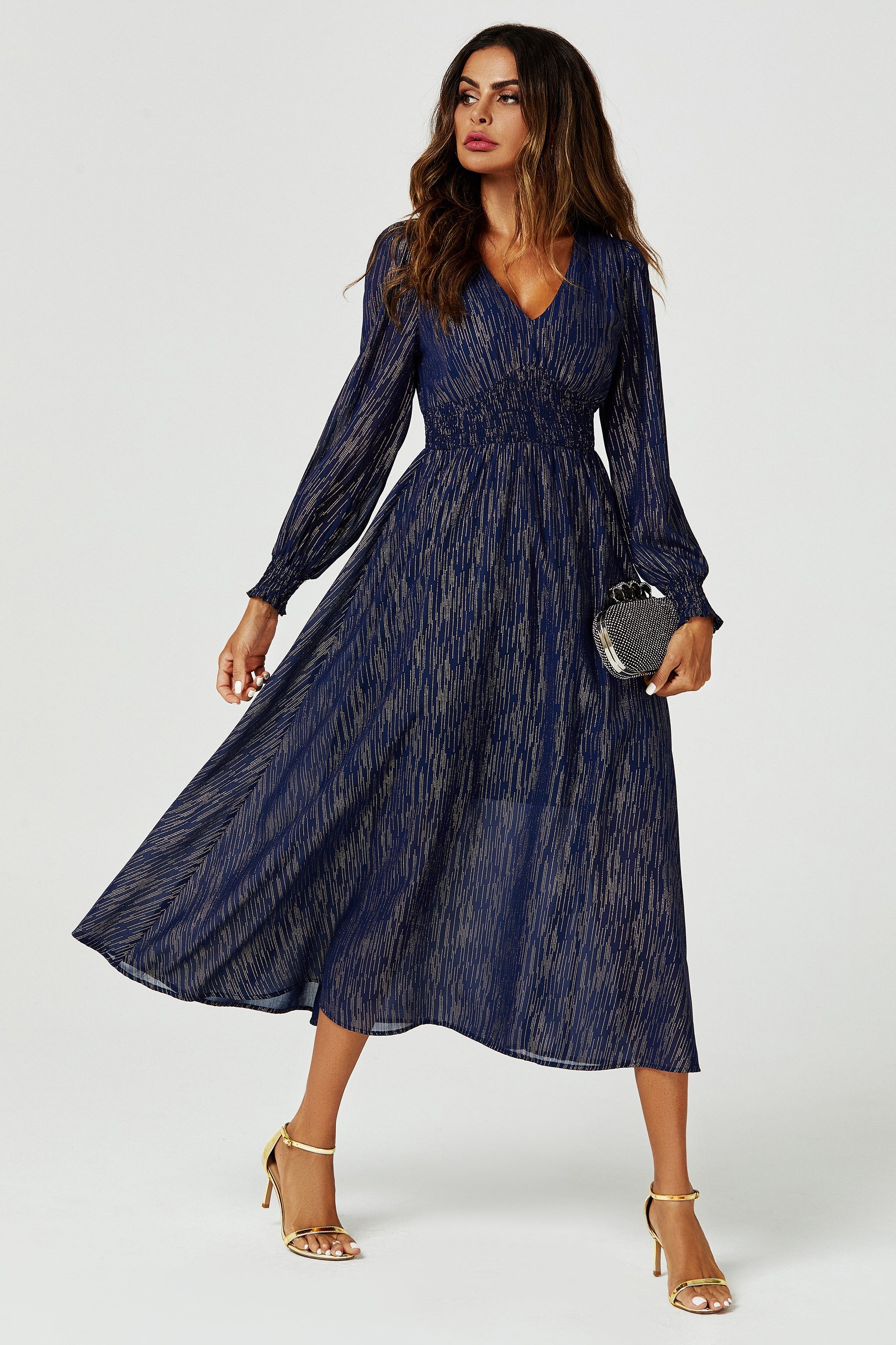 Gold Stripe Foil Long Sleeve Maxi Dress In Navy