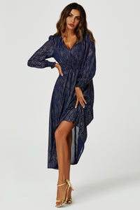 Gold Stripe Foil Long Sleeve Maxi Dress In Navy