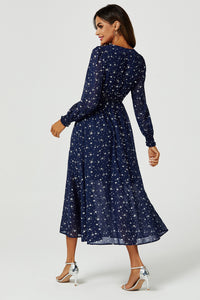 Silver Star Foil Long Sleeve Maxi Dress In Navy