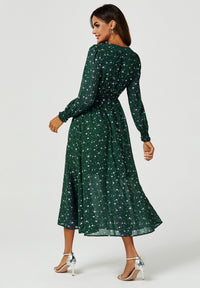 Silver Star Foil Long Sleeve Maxi Dress In Green
