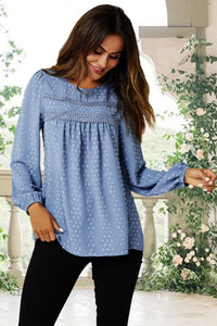 Lace Detail long sleeve Blouse Top In Blue