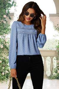 Lace Detail long sleeve Blouse Top In Blue
