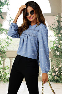 Lace Detail long sleeve Blouse Top In Blue