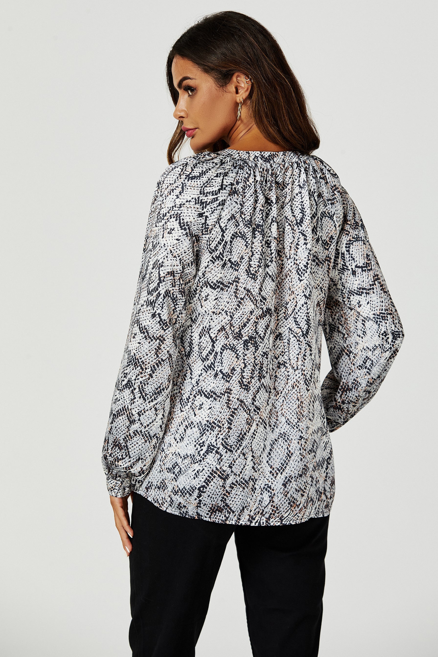 Satin Snake Print long sleeve Blouse Top In Grey