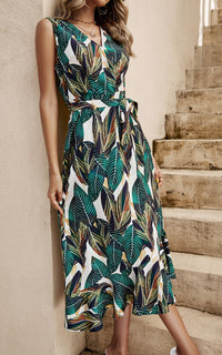 Leaf Print Asymmetric Hem Frill Detail Midi Dress In Green