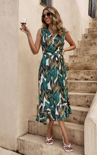 Leaf Print Asymmetric Hem Frill Detail Midi Dress In Green