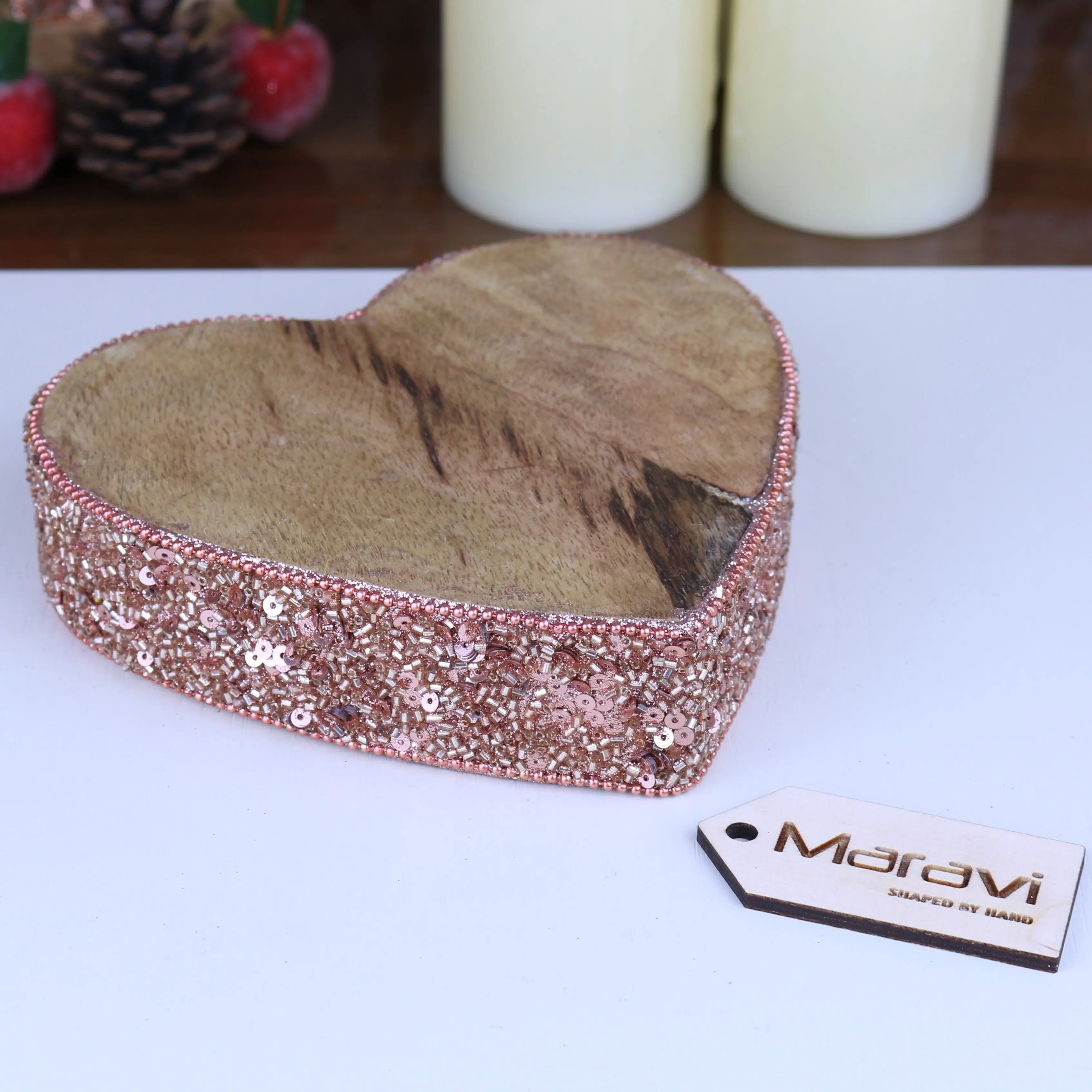 Lovell Christmas Wooden Decoration Heart Shape Copper Jewel Design