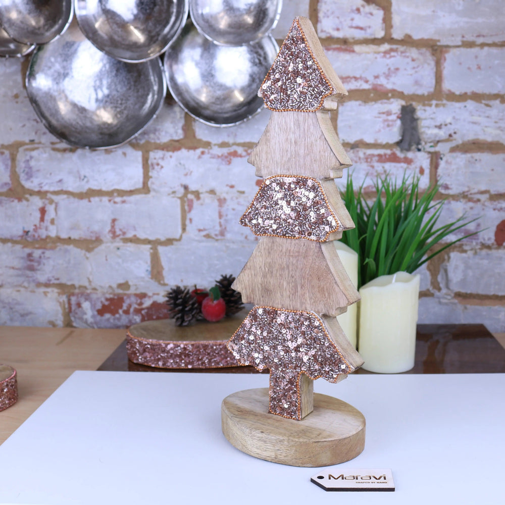 Lovell Handcrafted Wooden Christmas Tree Ornament with Copper Jewel Accents 38cm