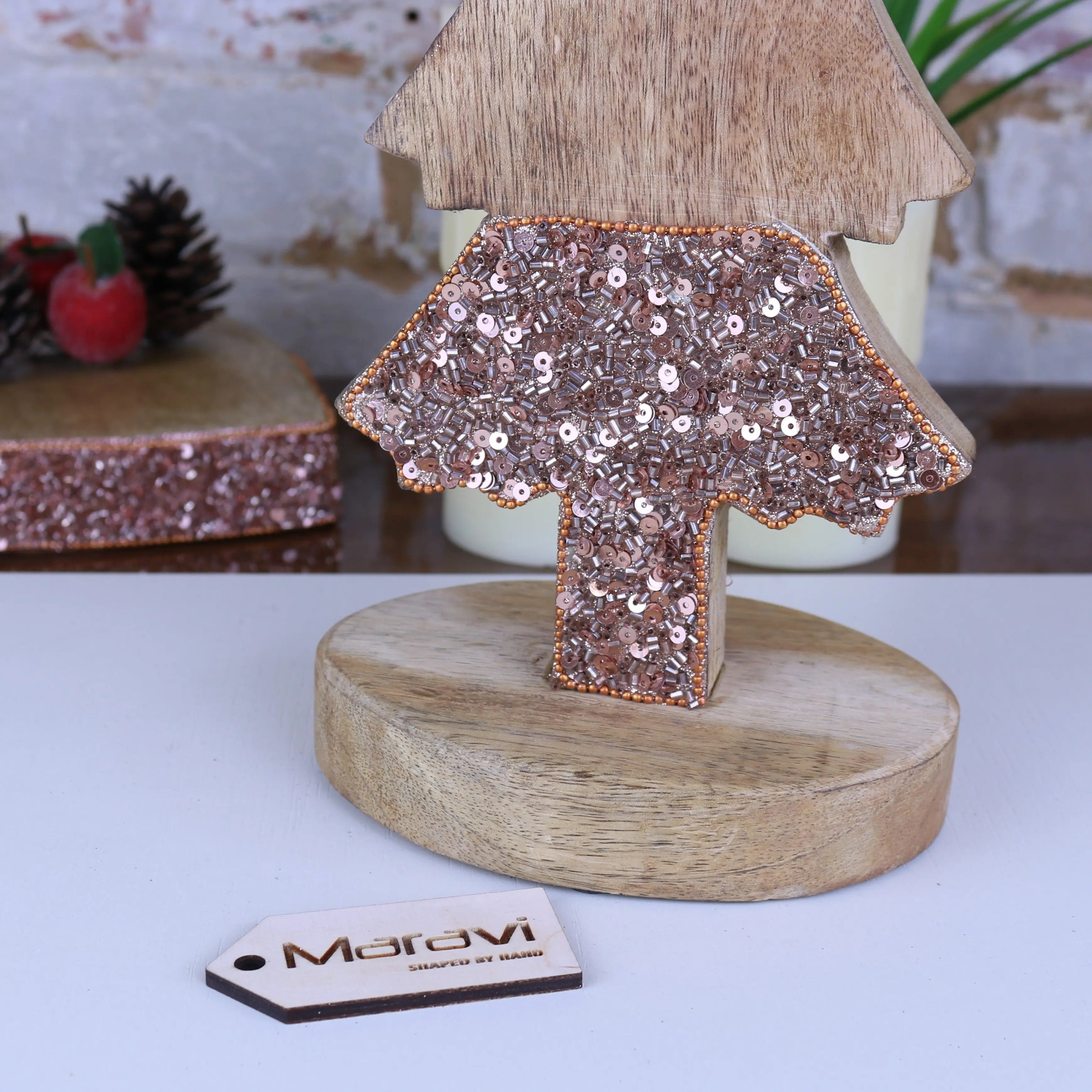 Lovell Wooden Christmas Tree Ornament Copper Jewel Design 38cm