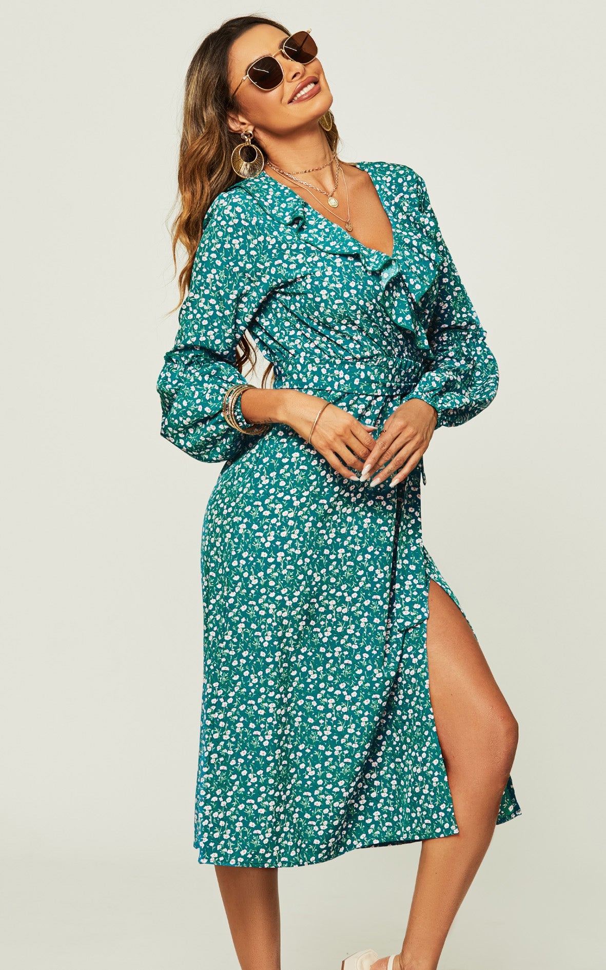 Floral Print Ruffle Hem Front Wrap Slit Leg Midi Dress In Green