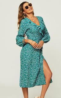 Floral Print Ruffle Hem Front Wrap Slit Leg Midi Dress In Green