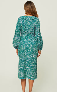 Floral Print Ruffle Hem Front Wrap Slit Leg Midi Dress In Green