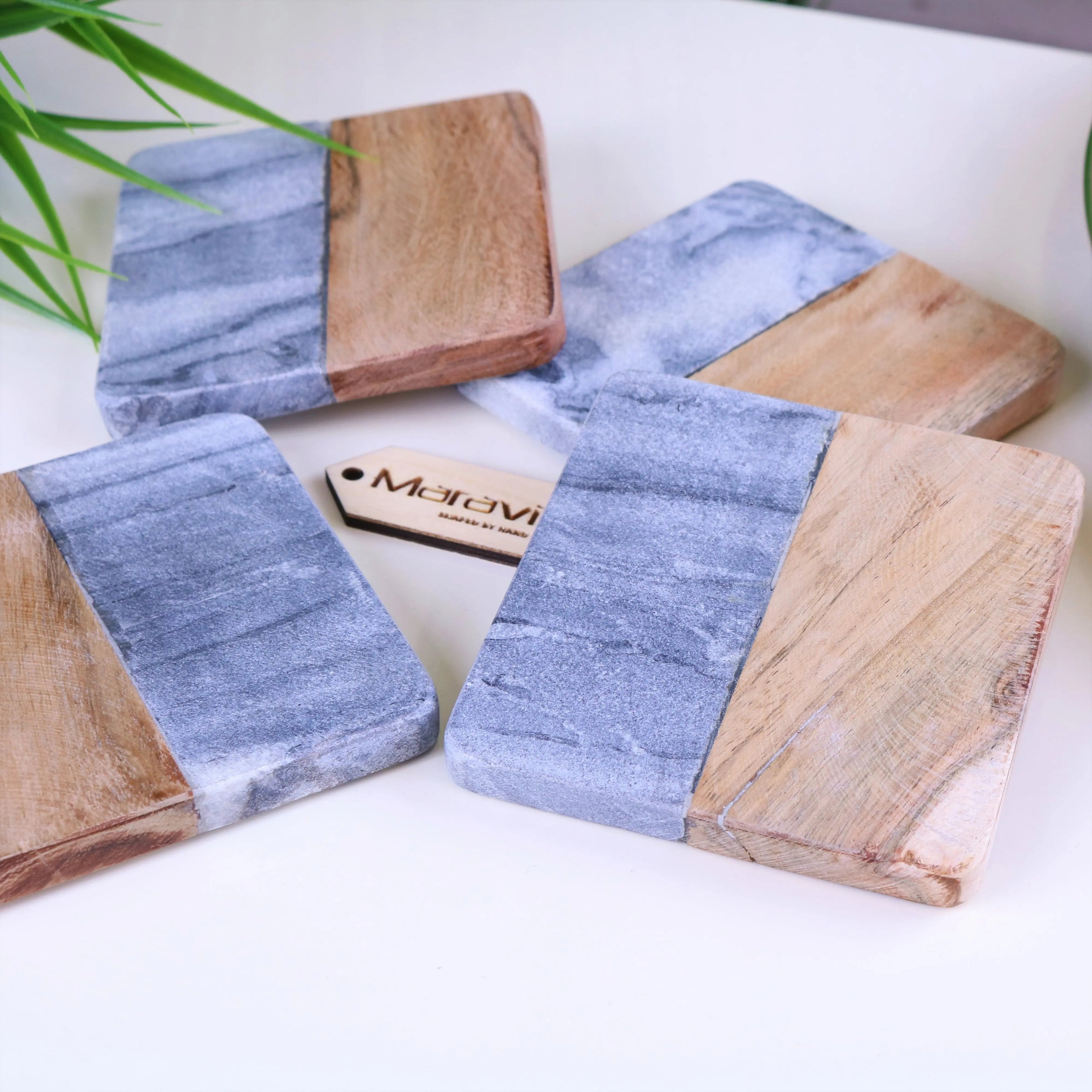 Salya Grey Marble and Wood Luxury Coasters