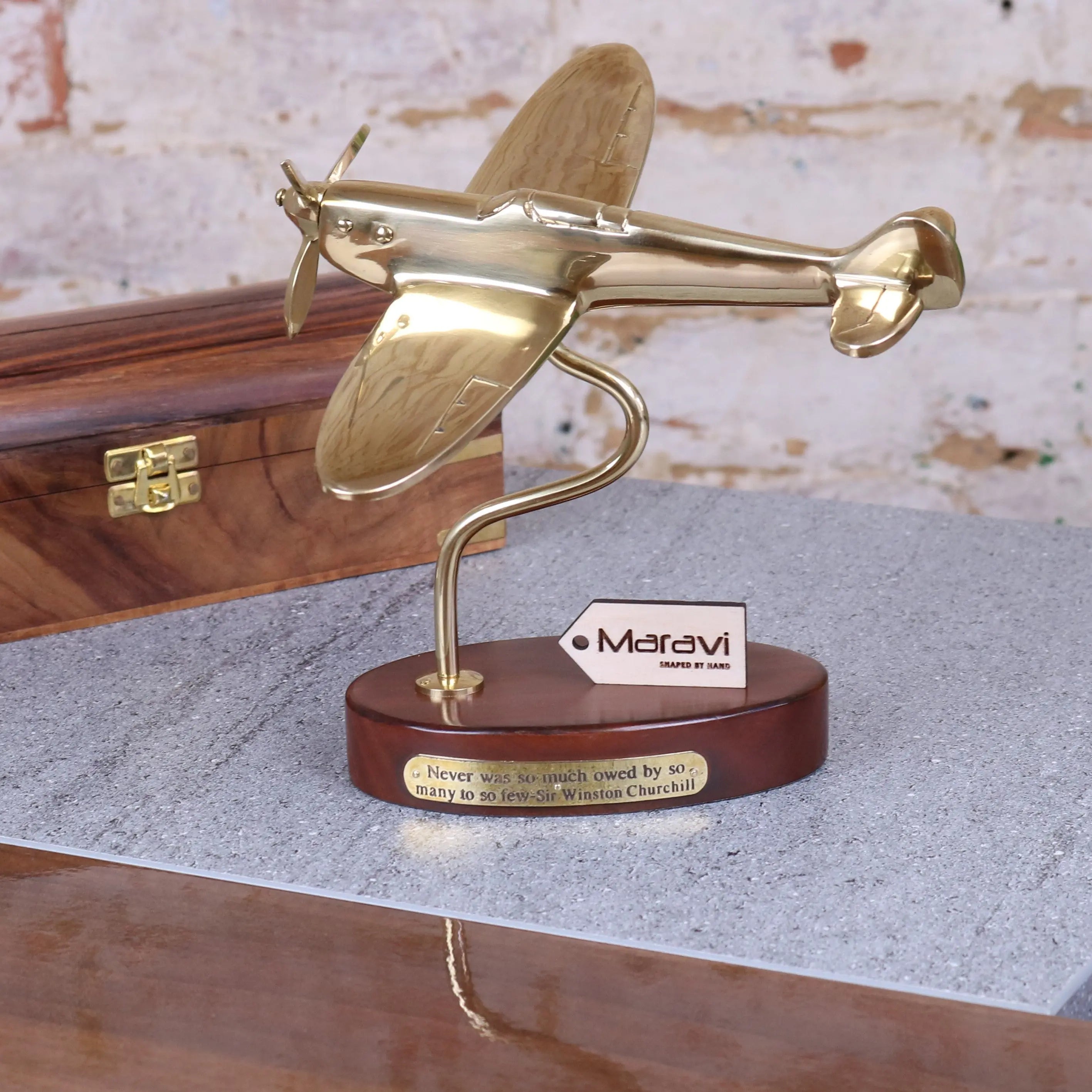 Brass Spitfire Model with Inspirational Churchill Quote Plaque