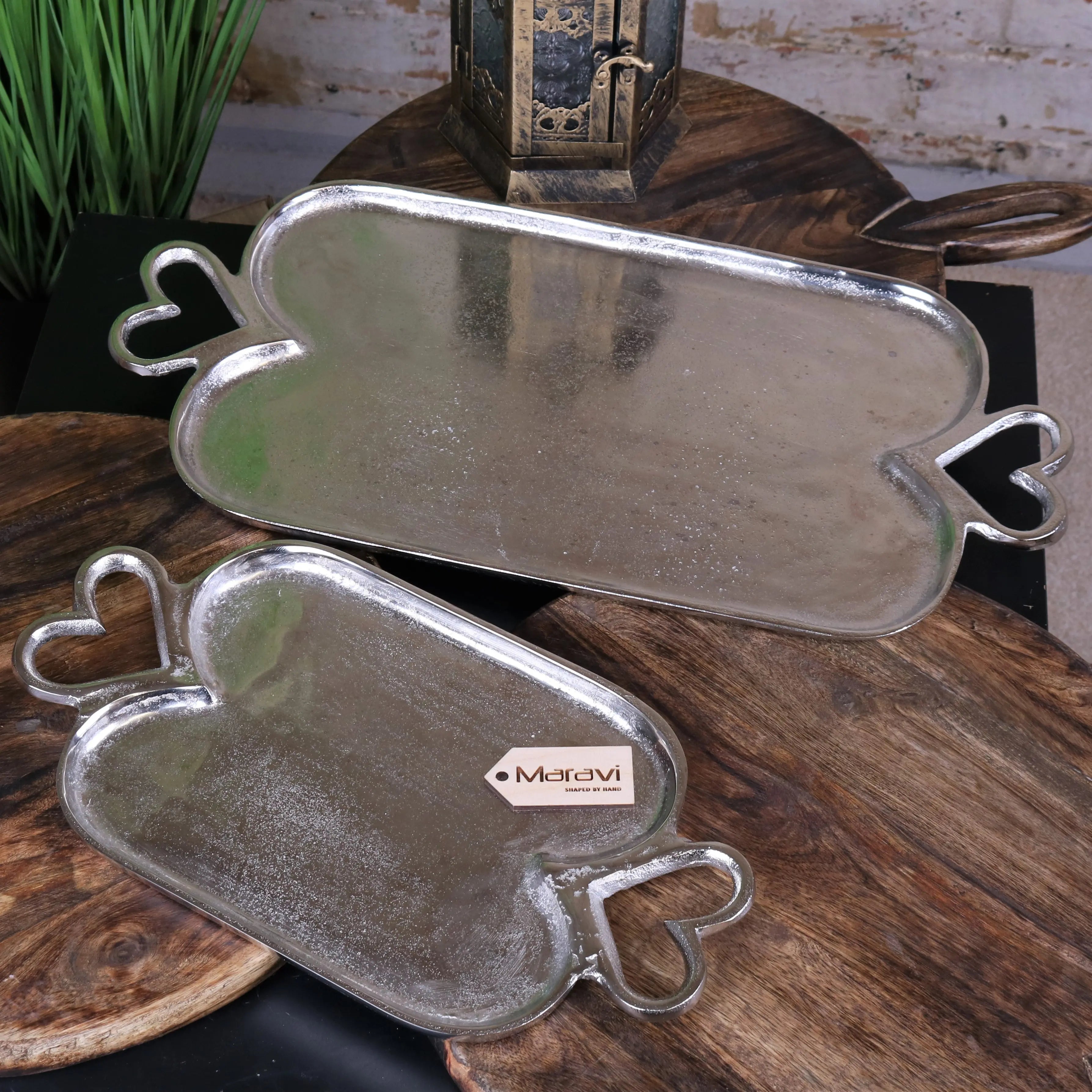 Punji Luxury Heart Handle Serving Trays Set - Stylish Aluminium Decor & Functionality