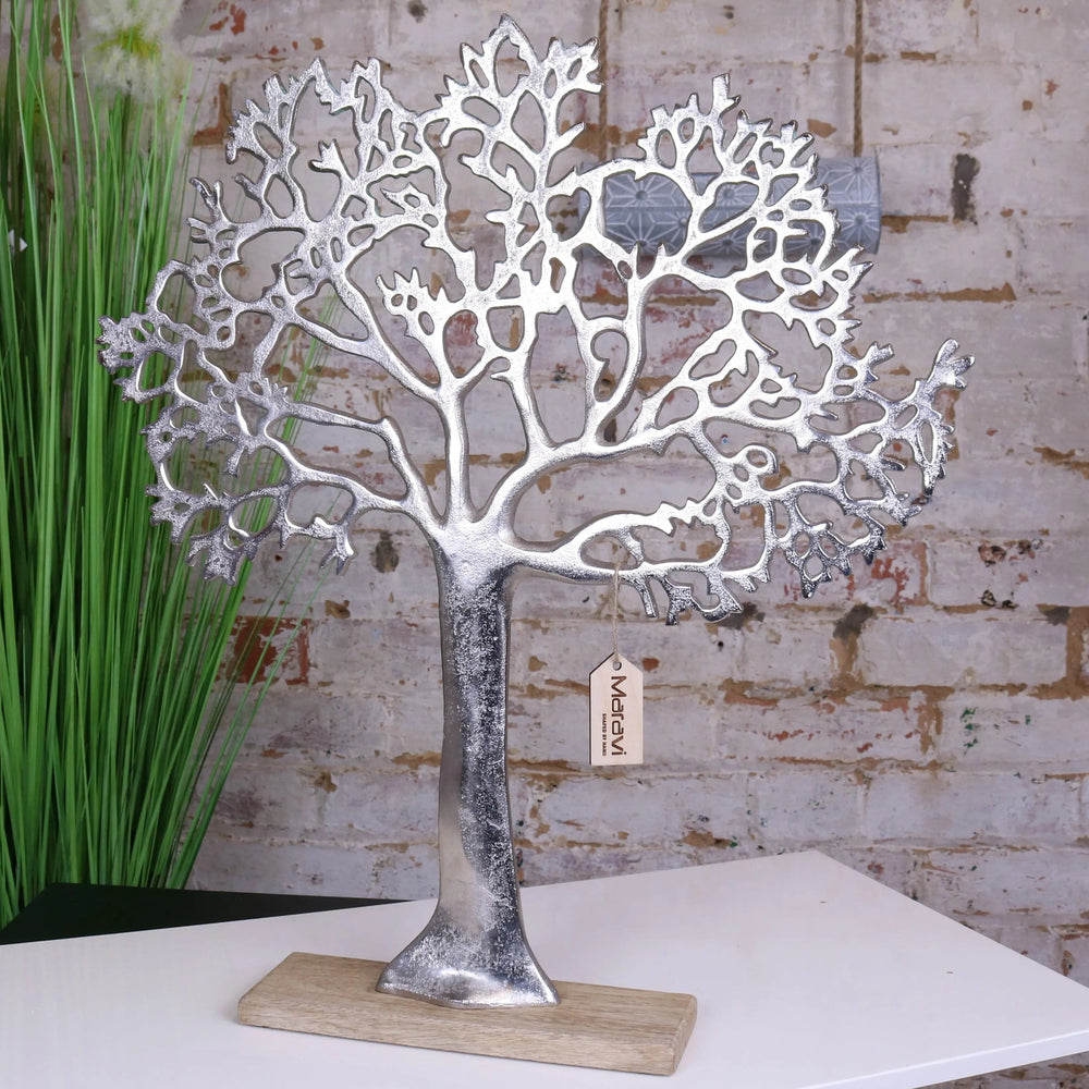 Lolam Tree Sculpture in Cast Aluminium on Mango Wood Base - 63cm