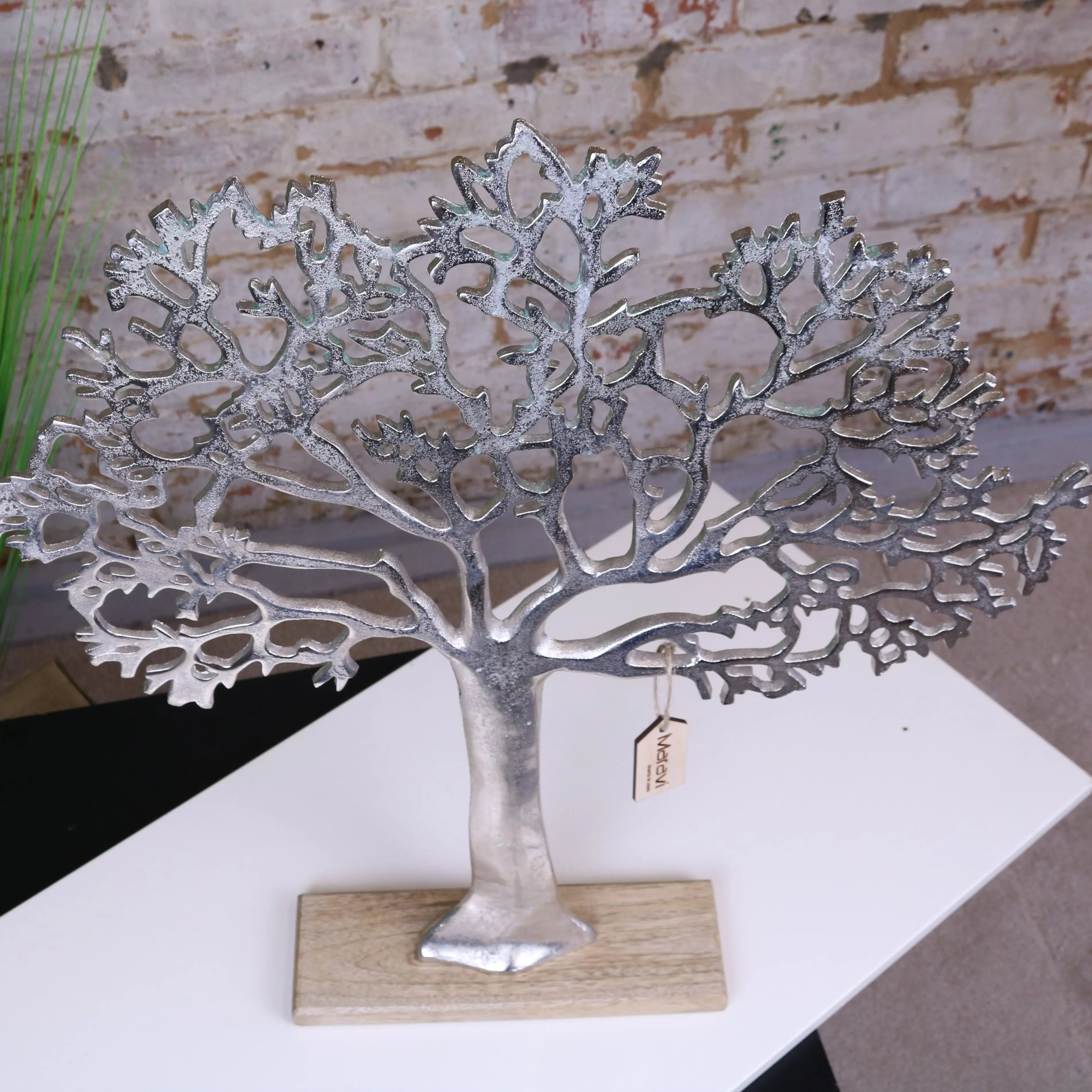 Lolam Tree Sculpture in Cast Aluminium on Mango Wood Base - 63cm