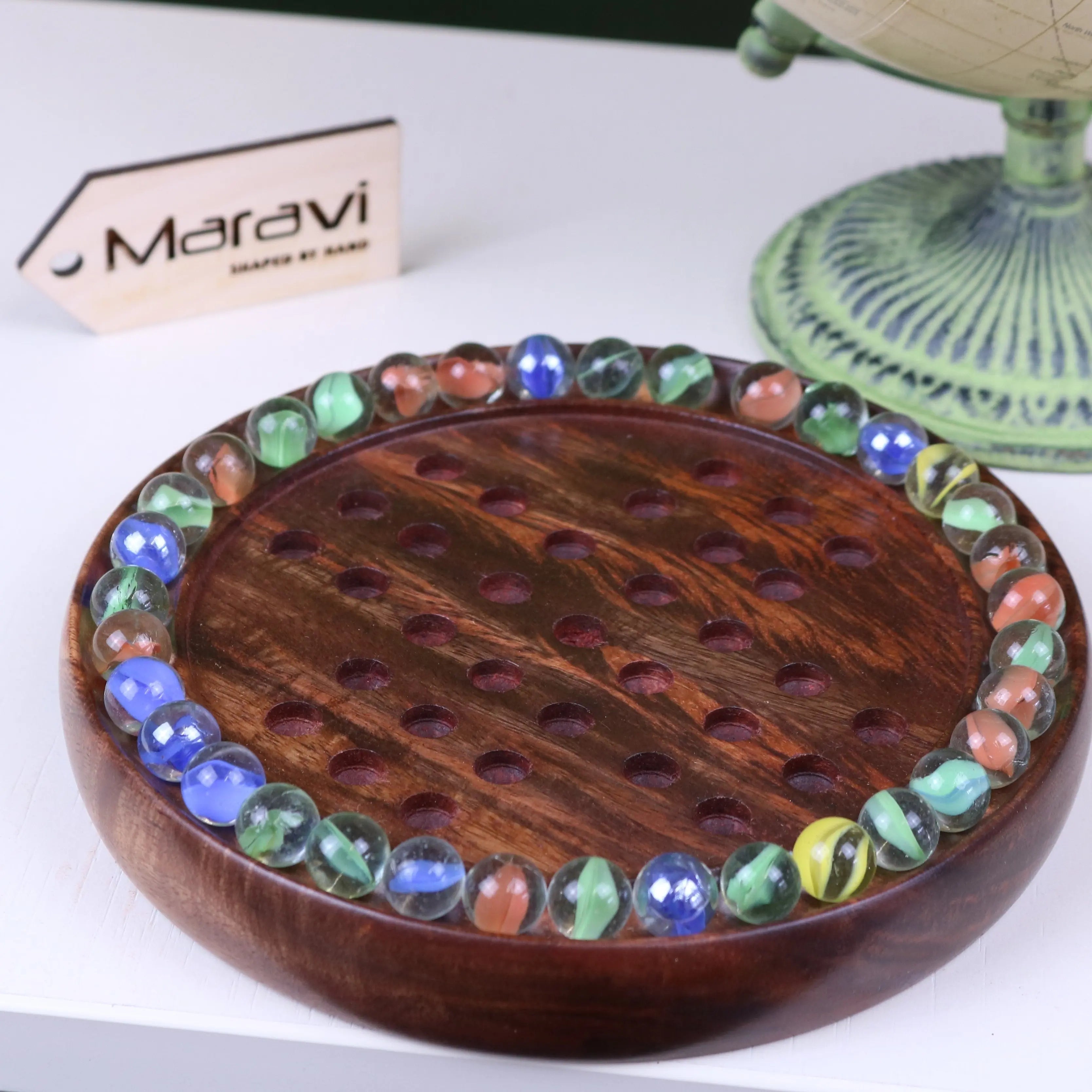 Jajur Handcrafted Sheesham Wood Solitaire Game with Elegant Glass Marbles