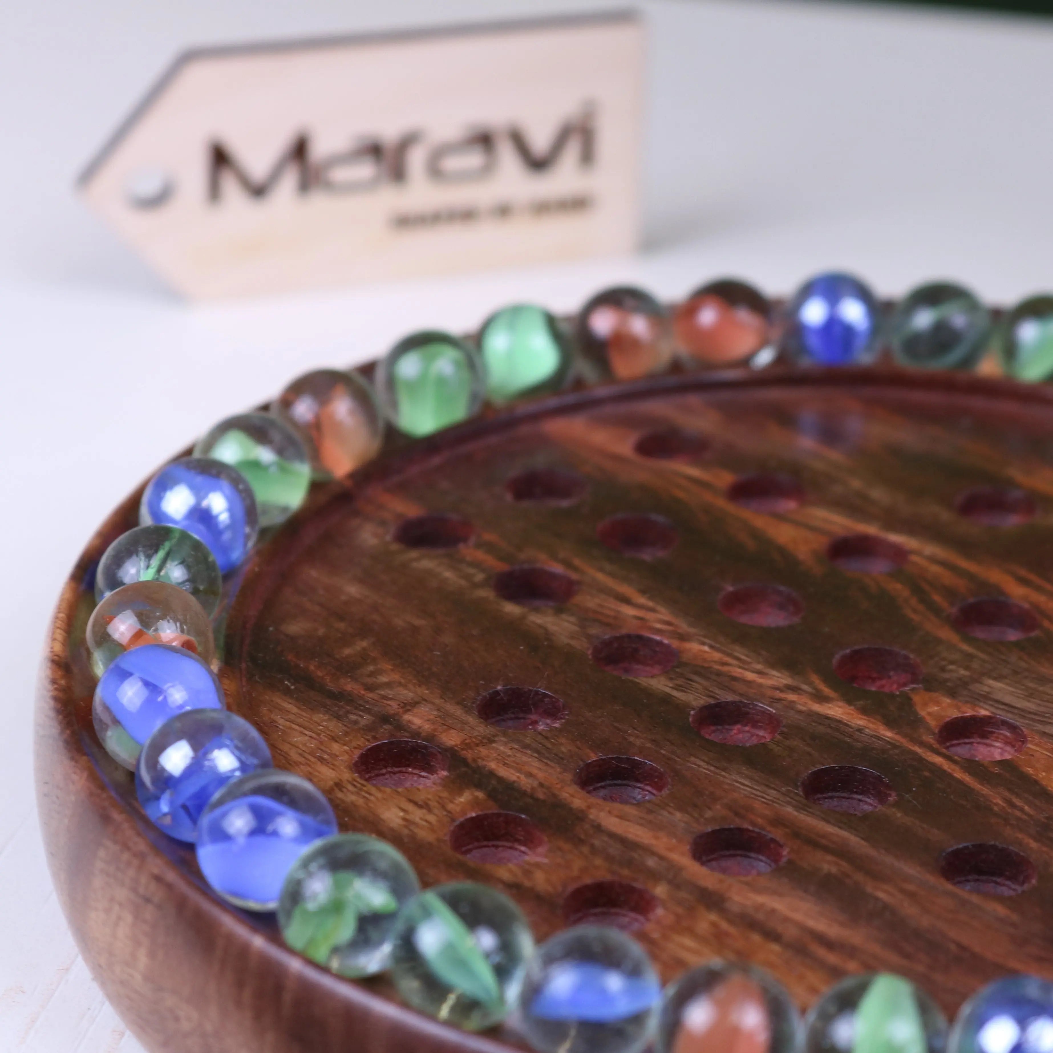 Jajur Handcrafted Sheesham Wood Solitaire Game with Elegant Glass Marbles