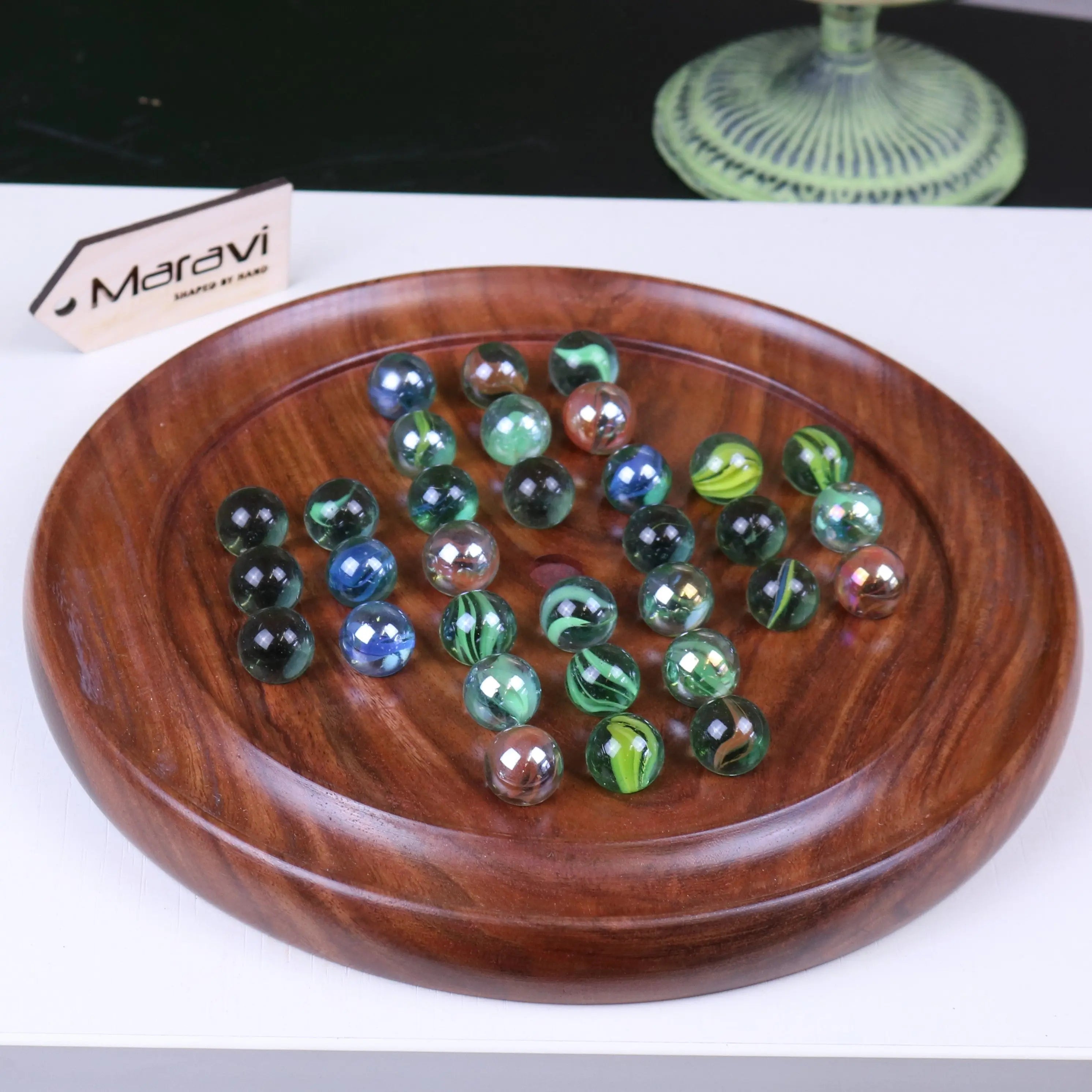 Jajur Handcrafted Sheesham Wood Solitaire Game with Elegant Glass Marbles