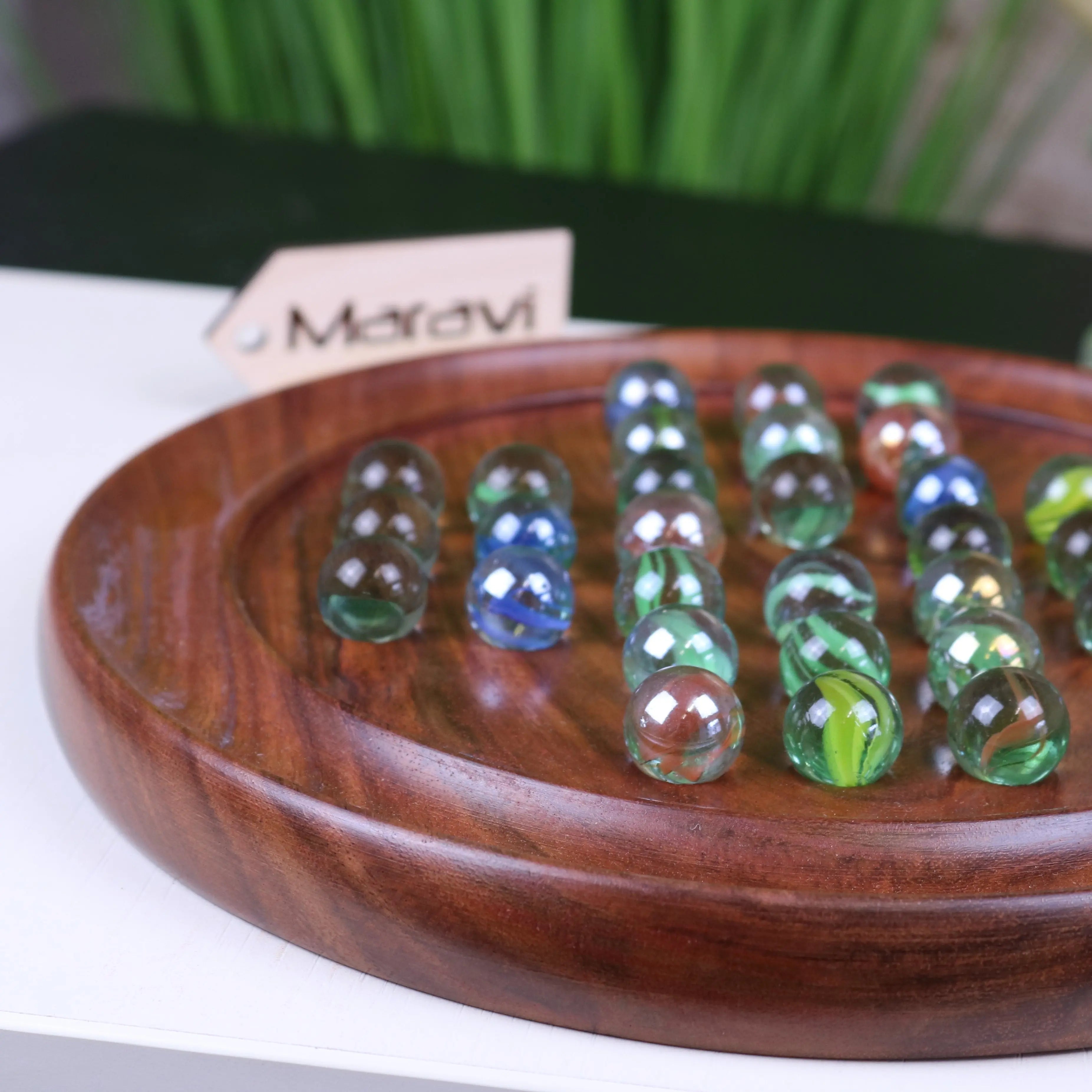 Jajur Handcrafted Sheesham Wood Solitaire Game with Elegant Glass Marbles