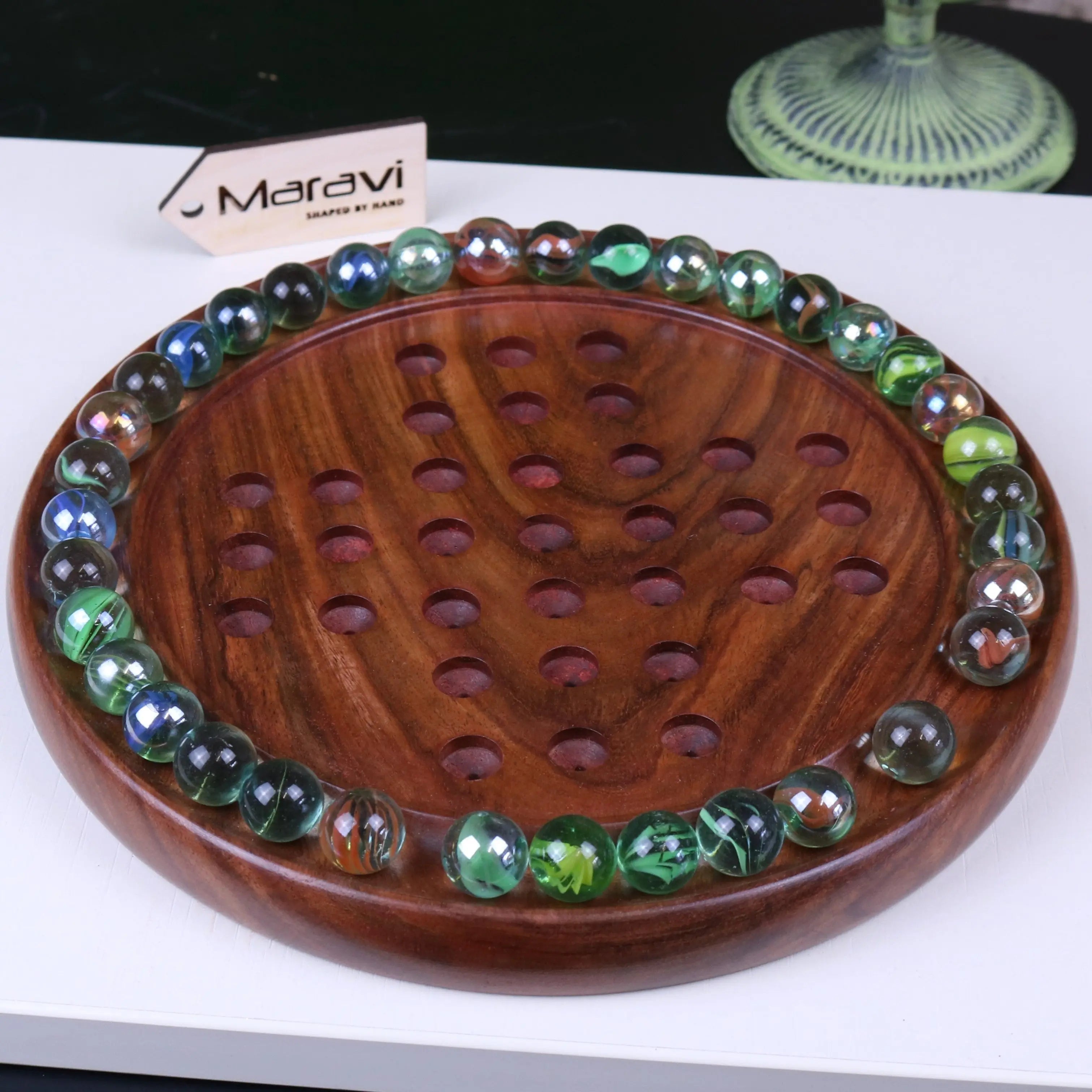 Jajur Handcrafted Sheesham Wood Solitaire Game with Elegant Glass Marbles