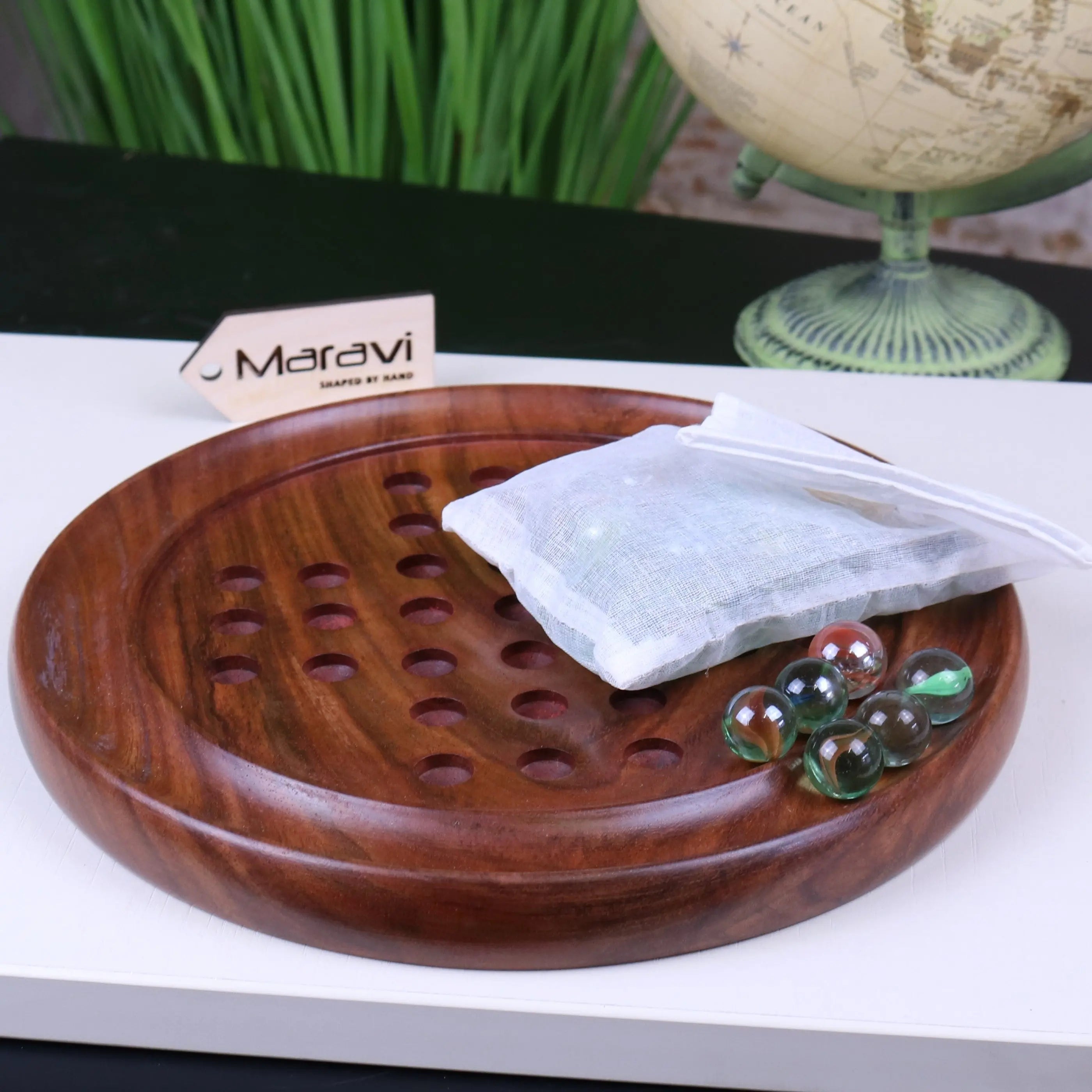 Jajur Handcrafted Sheesham Wood Solitaire Game with Elegant Glass Marbles