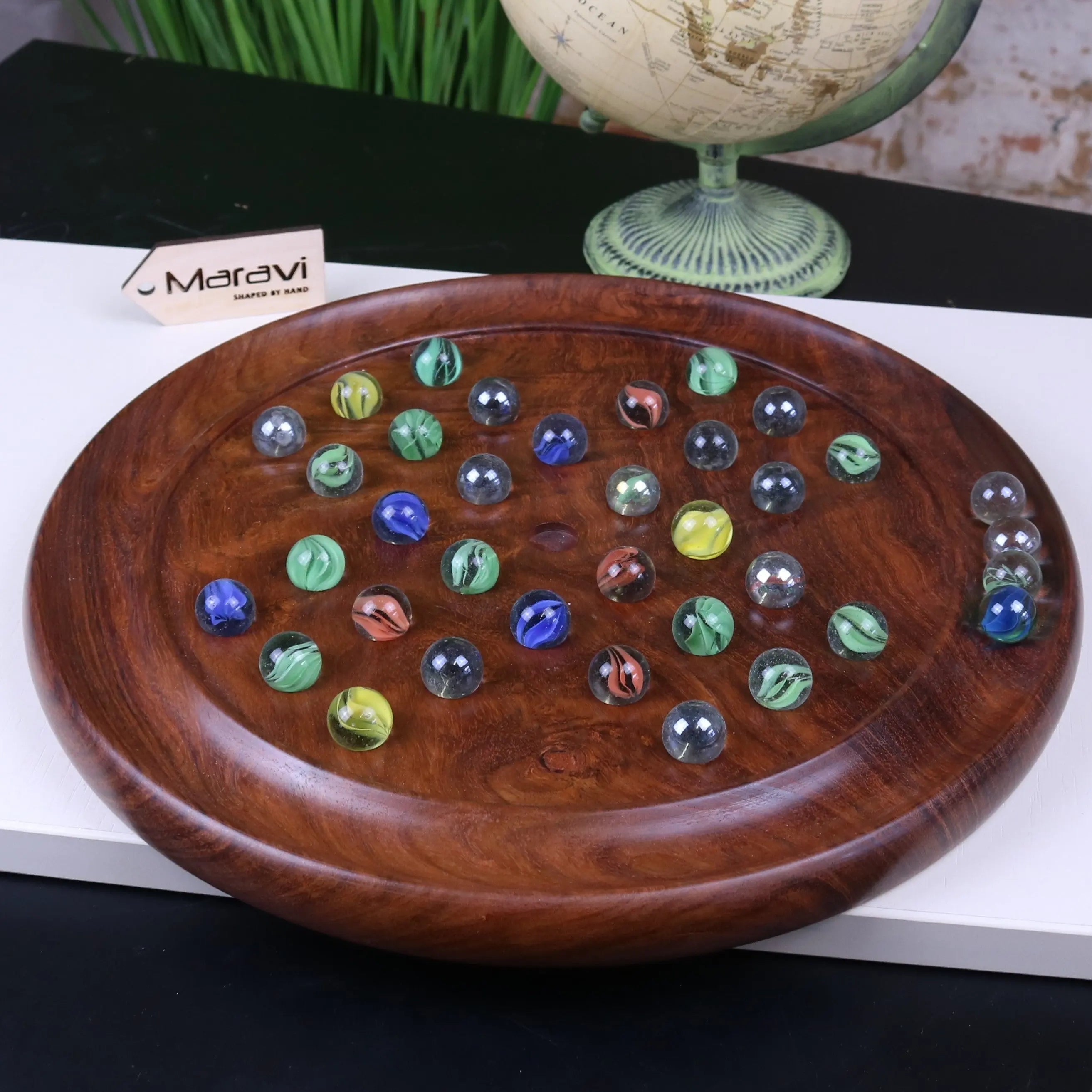 Jajur Handcrafted Sheesham Wood Solitaire Game with Elegant Glass Marbles