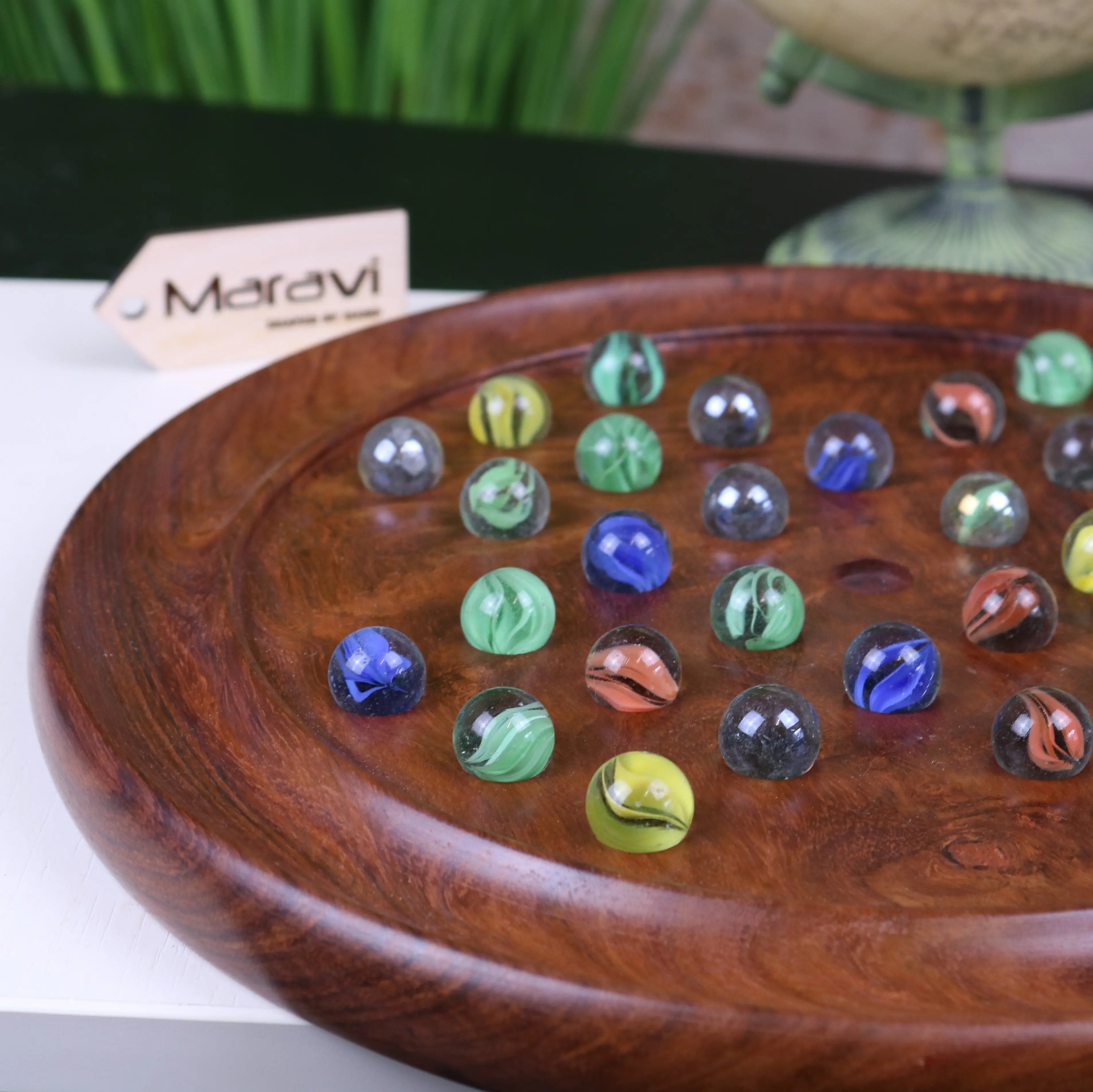 Jajur Handcrafted Sheesham Wood Solitaire Game with Elegant Glass Marbles