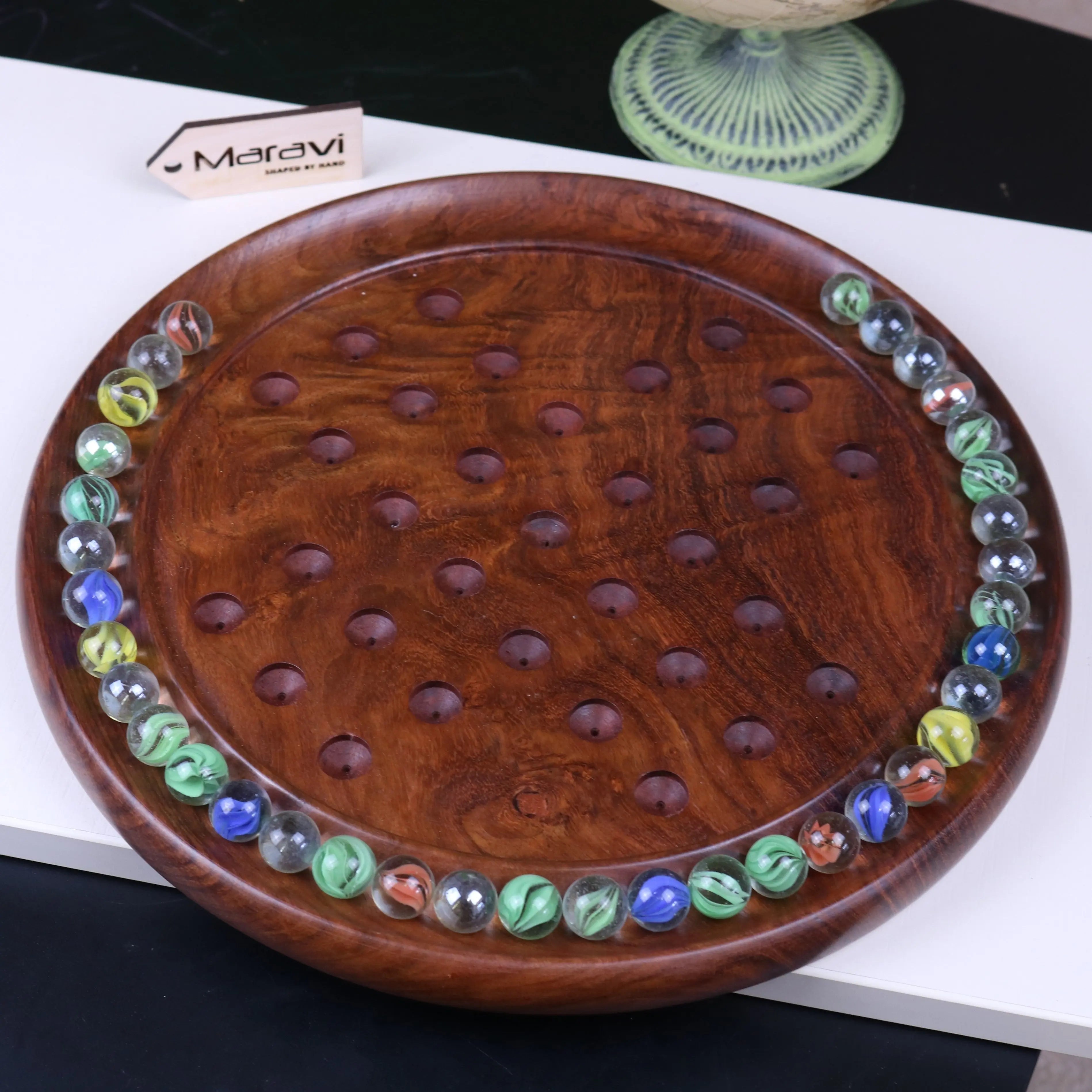 Jajur Handcrafted Sheesham Wood Solitaire Game with Elegant Glass Marbles