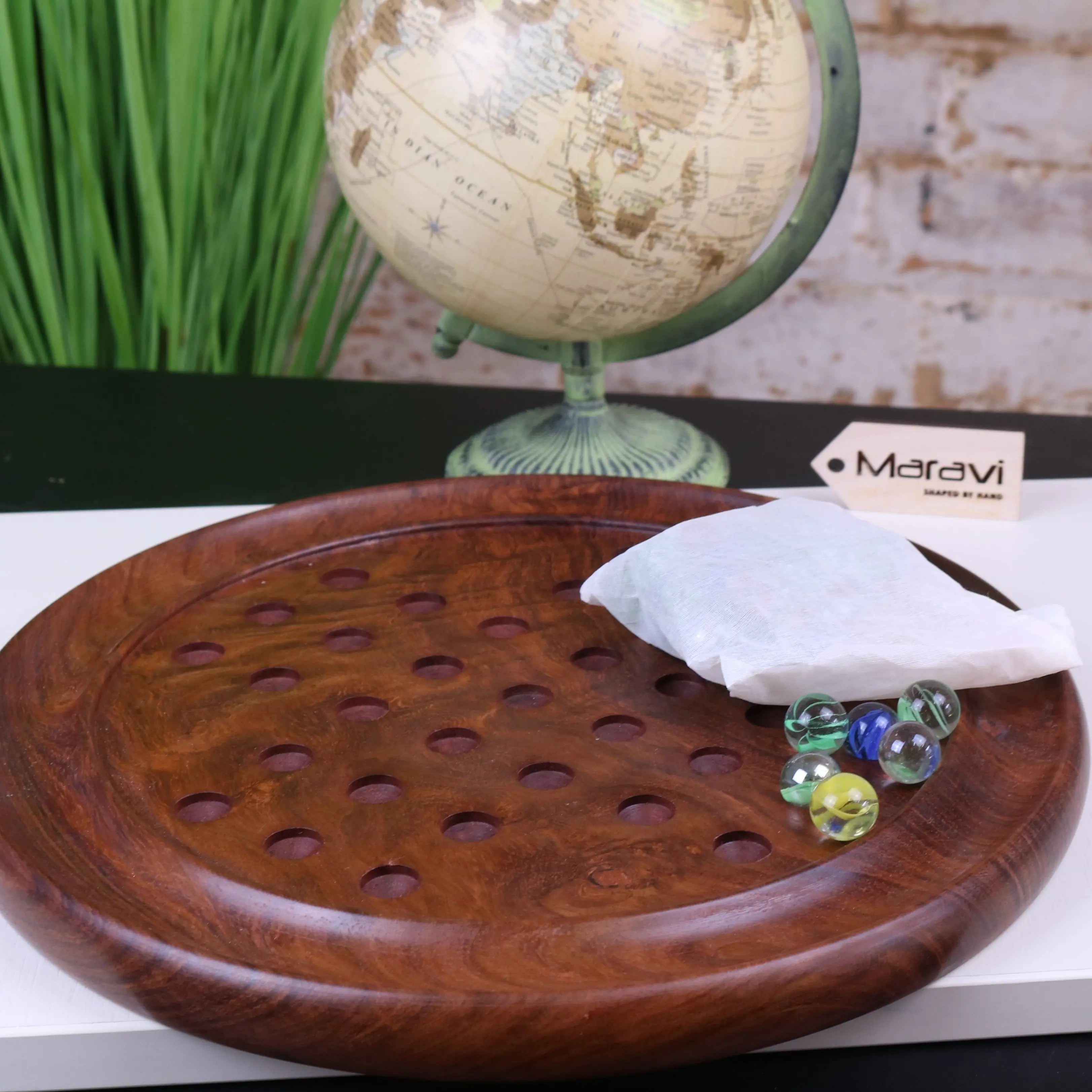 Jajur Handcrafted Sheesham Wood Solitaire Game with Elegant Glass Marbles