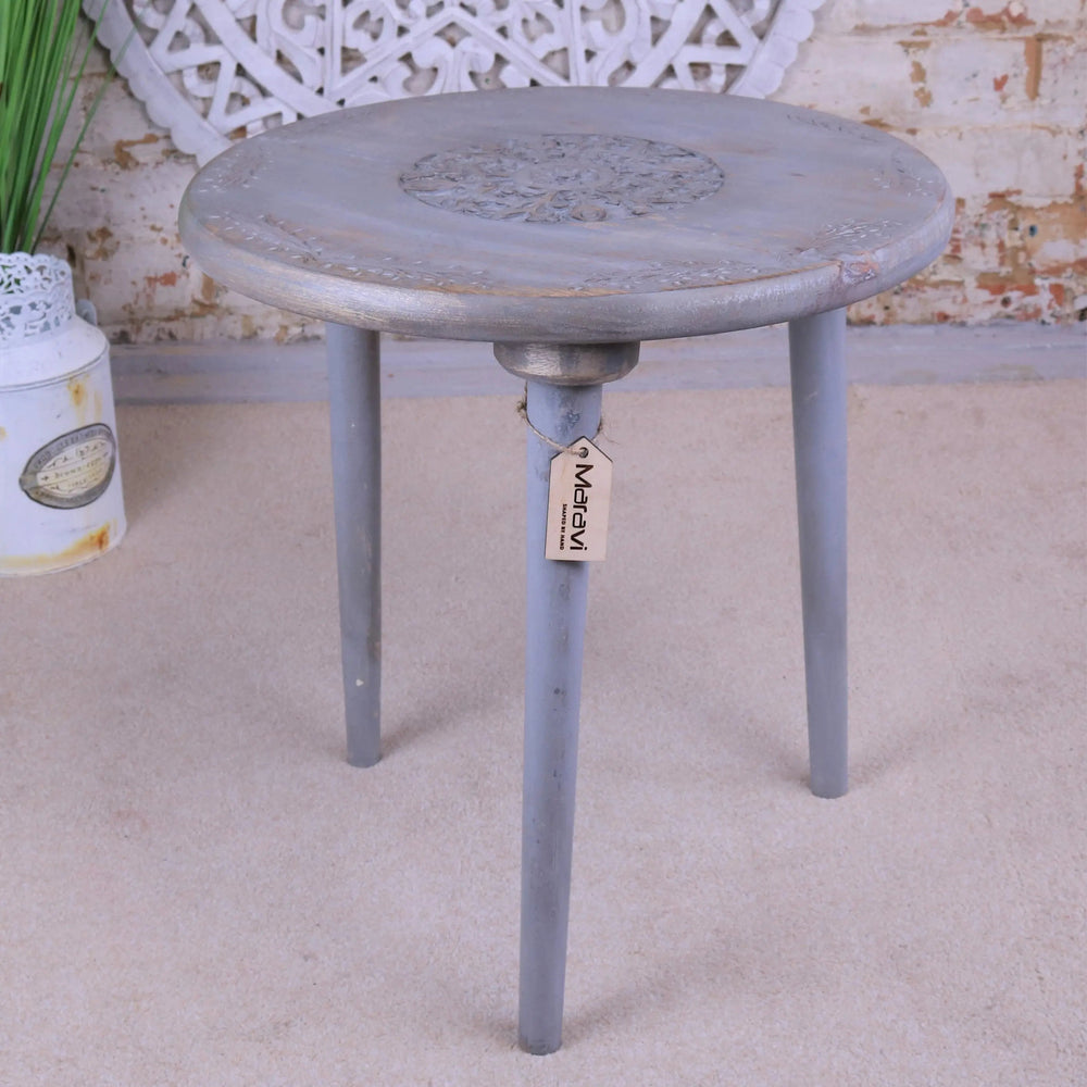 Pharoli Grey Wooden Side Table Grey Carved Patterns