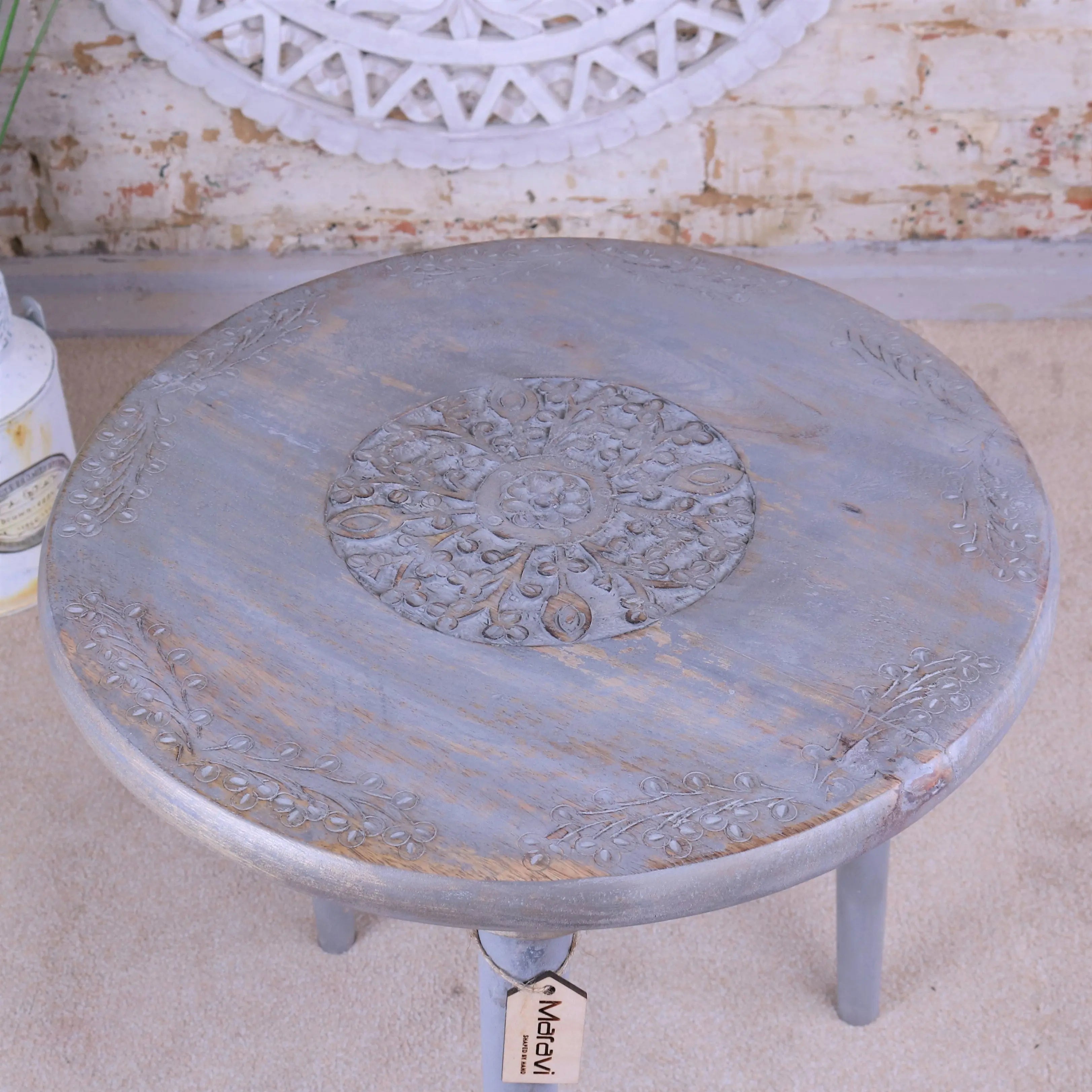 Pharoli Grey Wooden Side Table Grey Carved Patterns