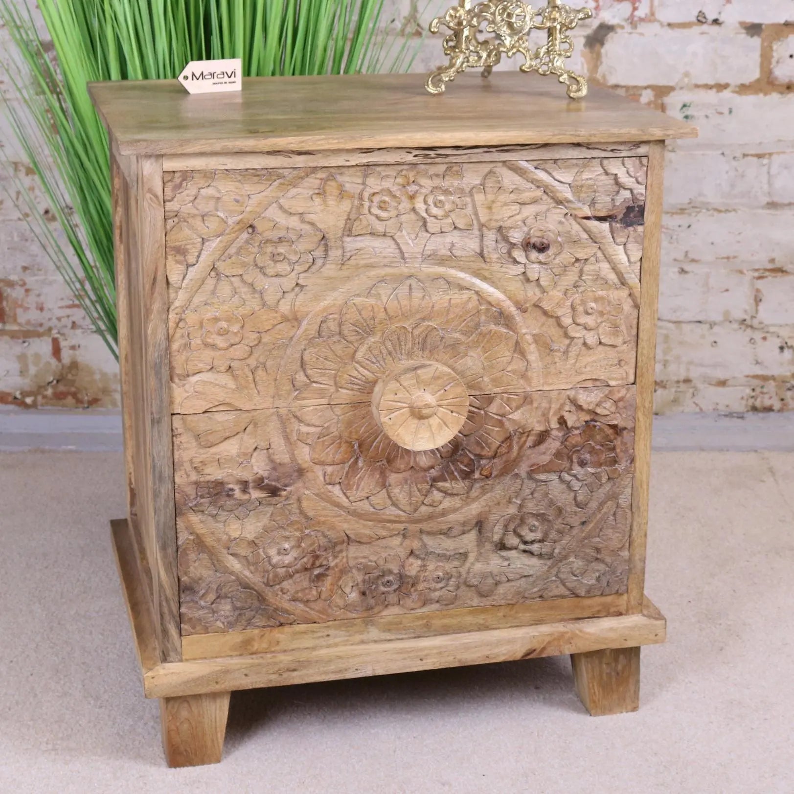 Ladha Mango Wood Carved Bedside Table Cabinet