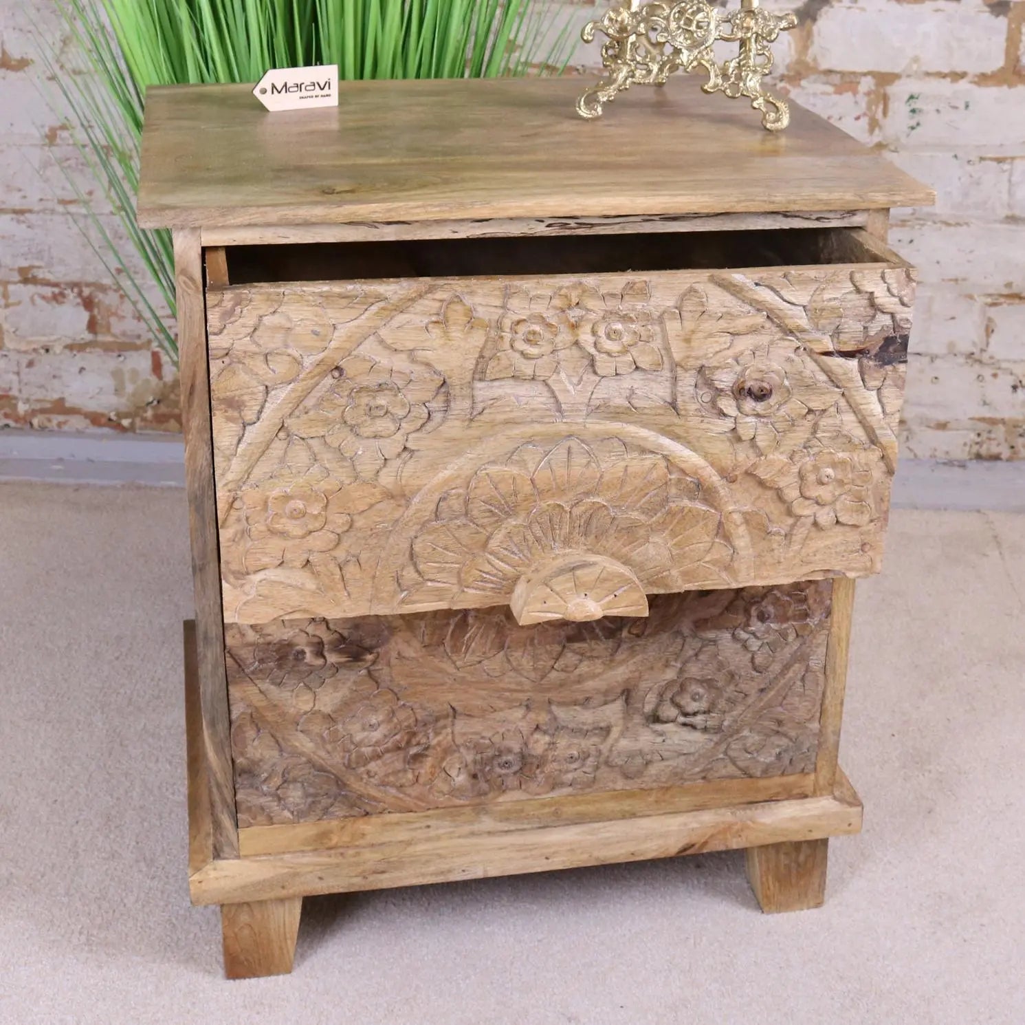 Ladha Mango Wood Carved Bedside Table Cabinet