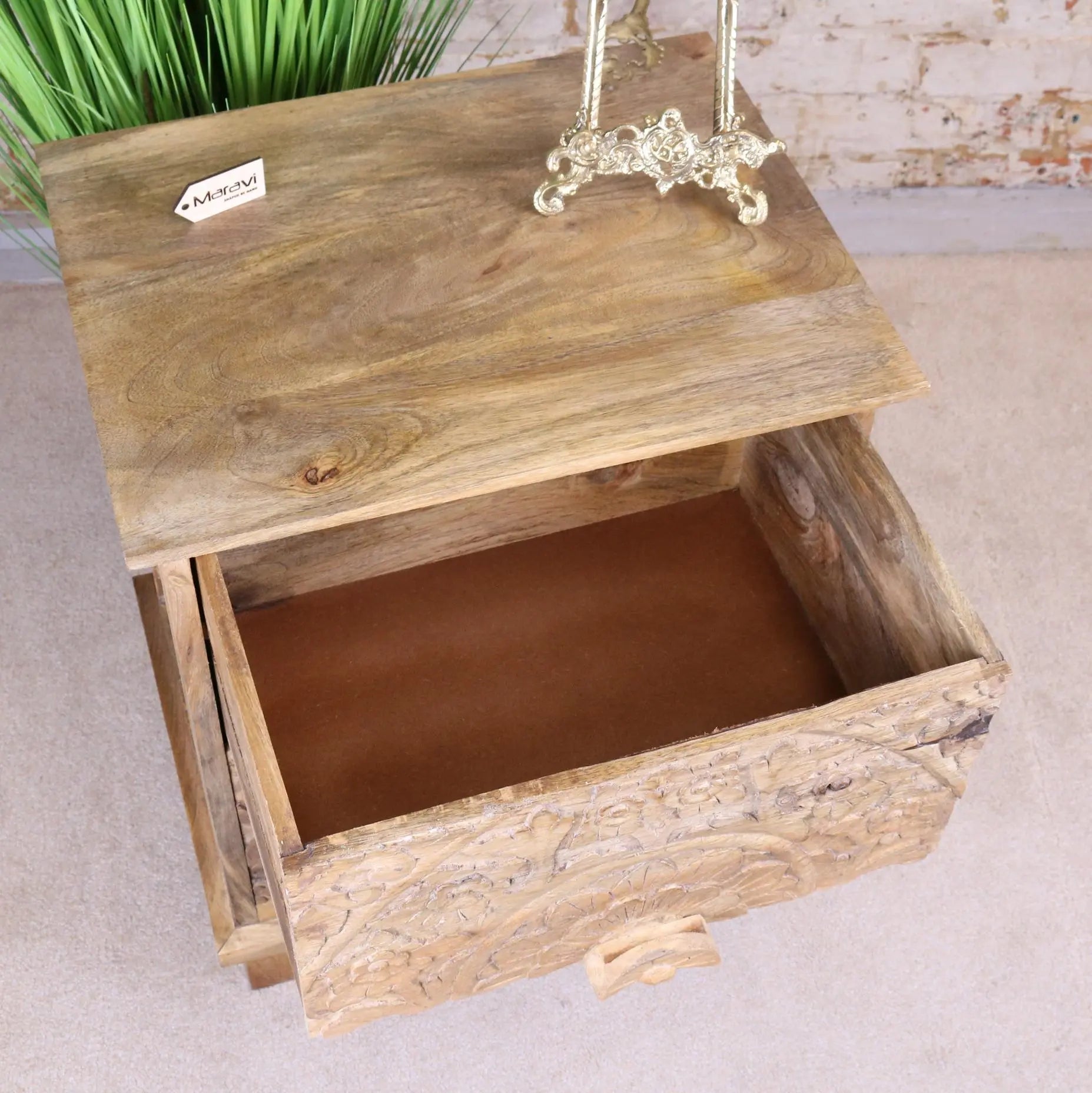 Ladha Mango Wood Carved Bedside Table Cabinet