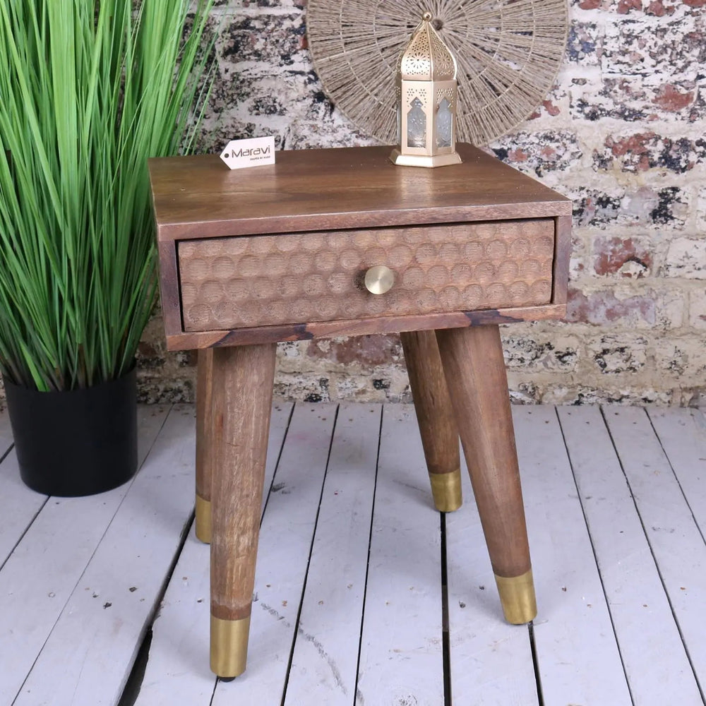 Joypur Mango Wood Bedside Cabinet with Dimple Design and Gold Accents