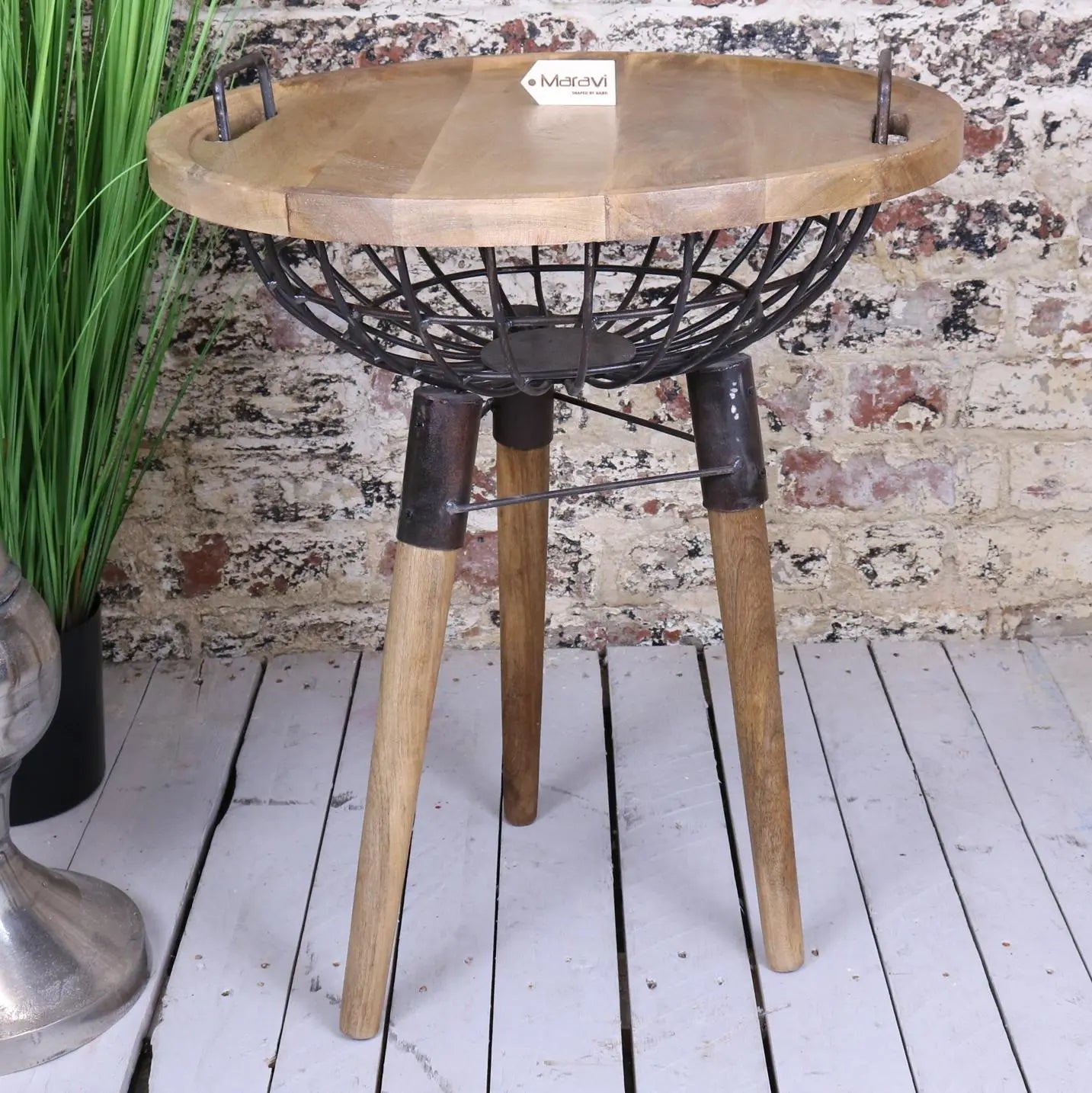 Malipara Industrial Basket Side Table with Wooden Legs