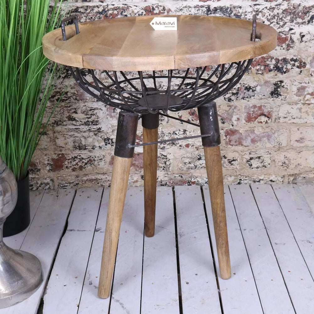 Malipara Industrial Basket Side Table with Wooden Legs