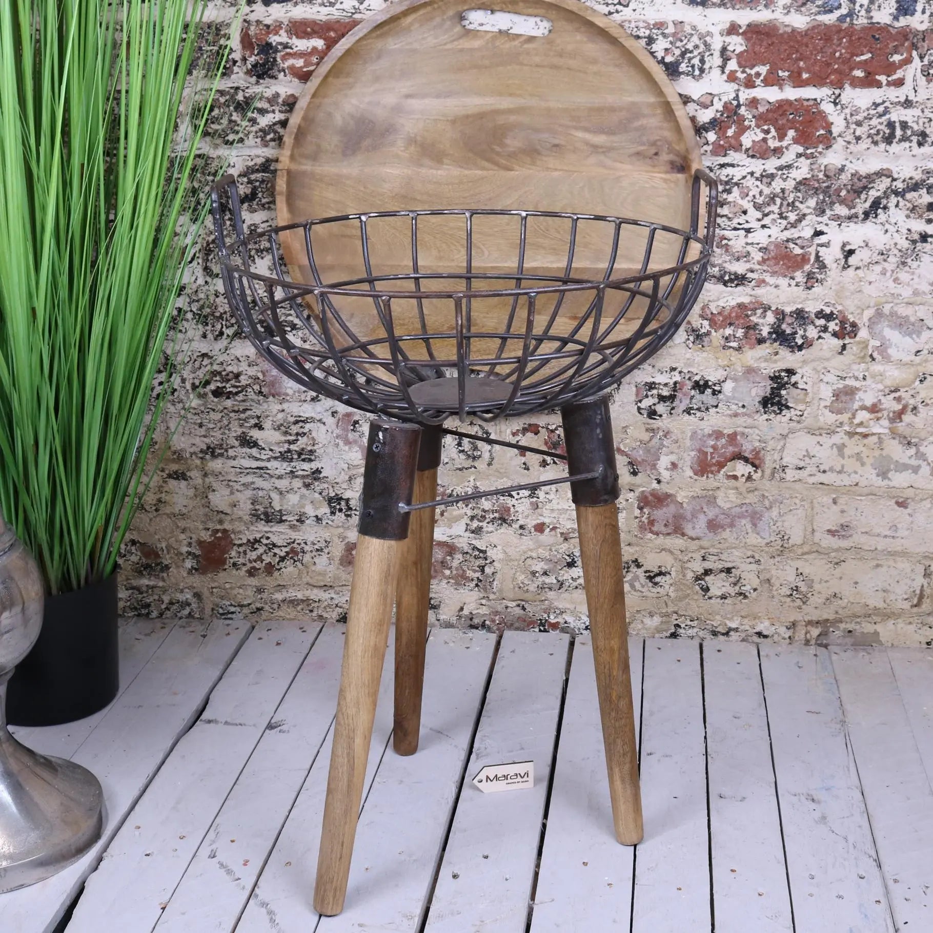 Malipara Industrial Basket Side Table with Wooden Legs