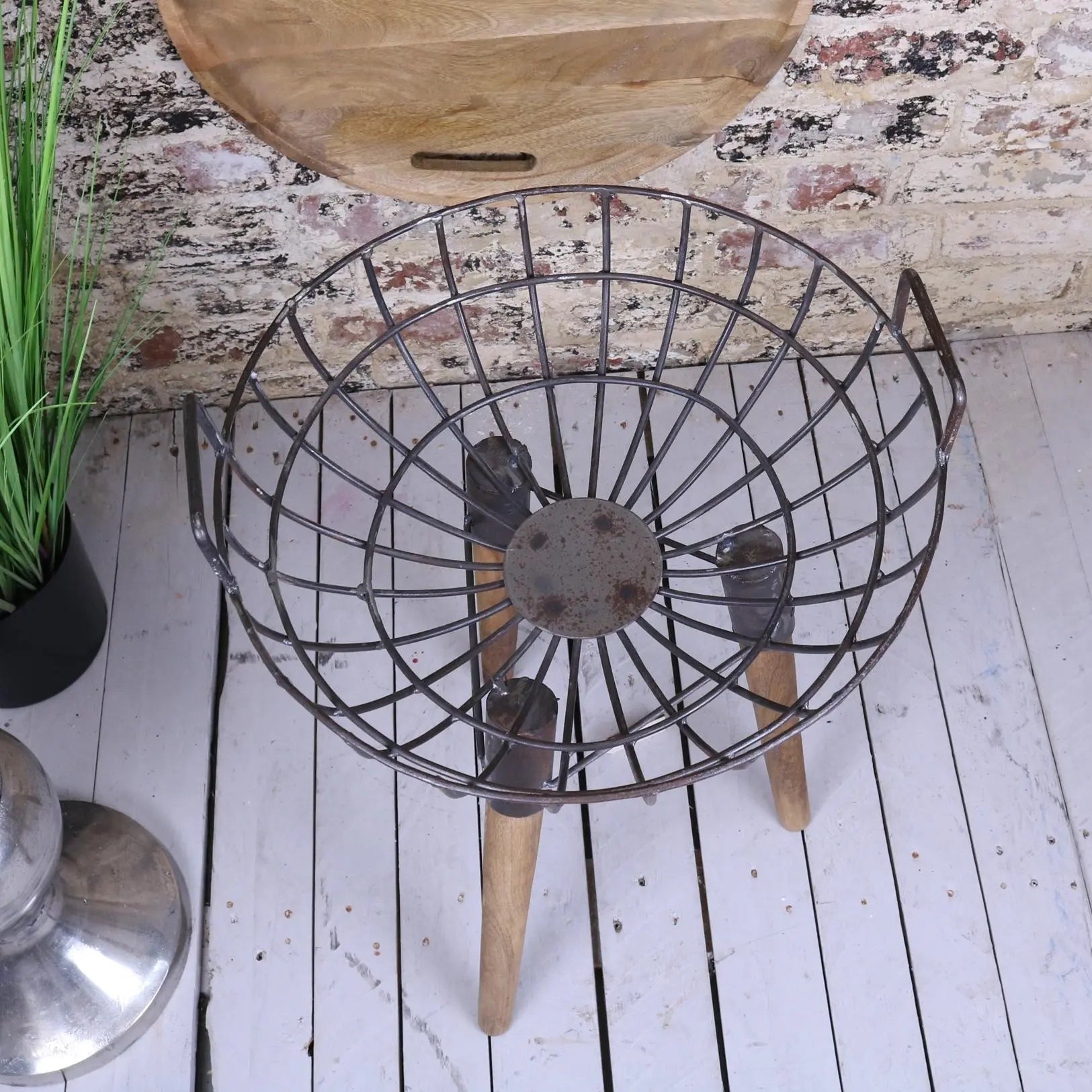Malipara Industrial Basket Side Table with Wooden Legs