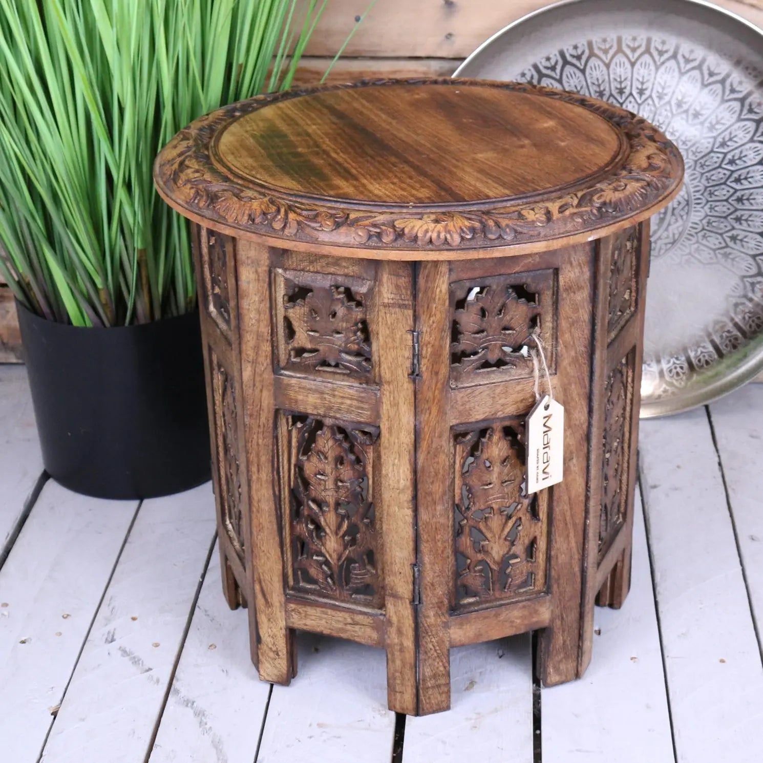 Rengali Medium Mango Wood Side Table Leaf Carving