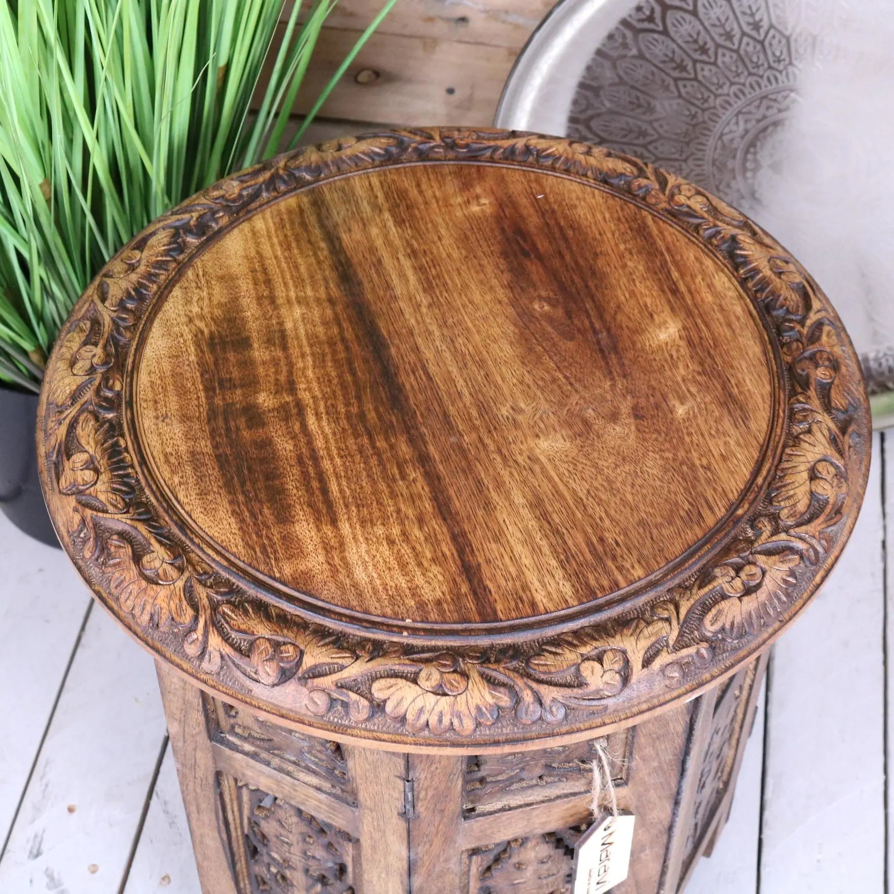 Rengali Medium Mango Wood Side Table Leaf Carving