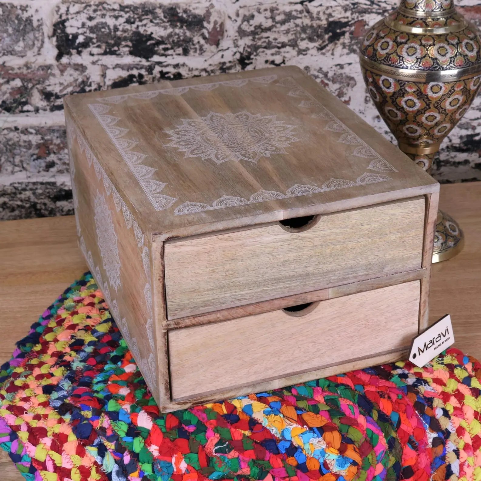 Hijla A4 Wooden Filing Box with Two Drawers and Mandala Design