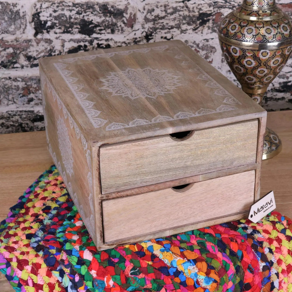 Hijla A4 Wooden Filing Box with Two Drawers and Mandala Design