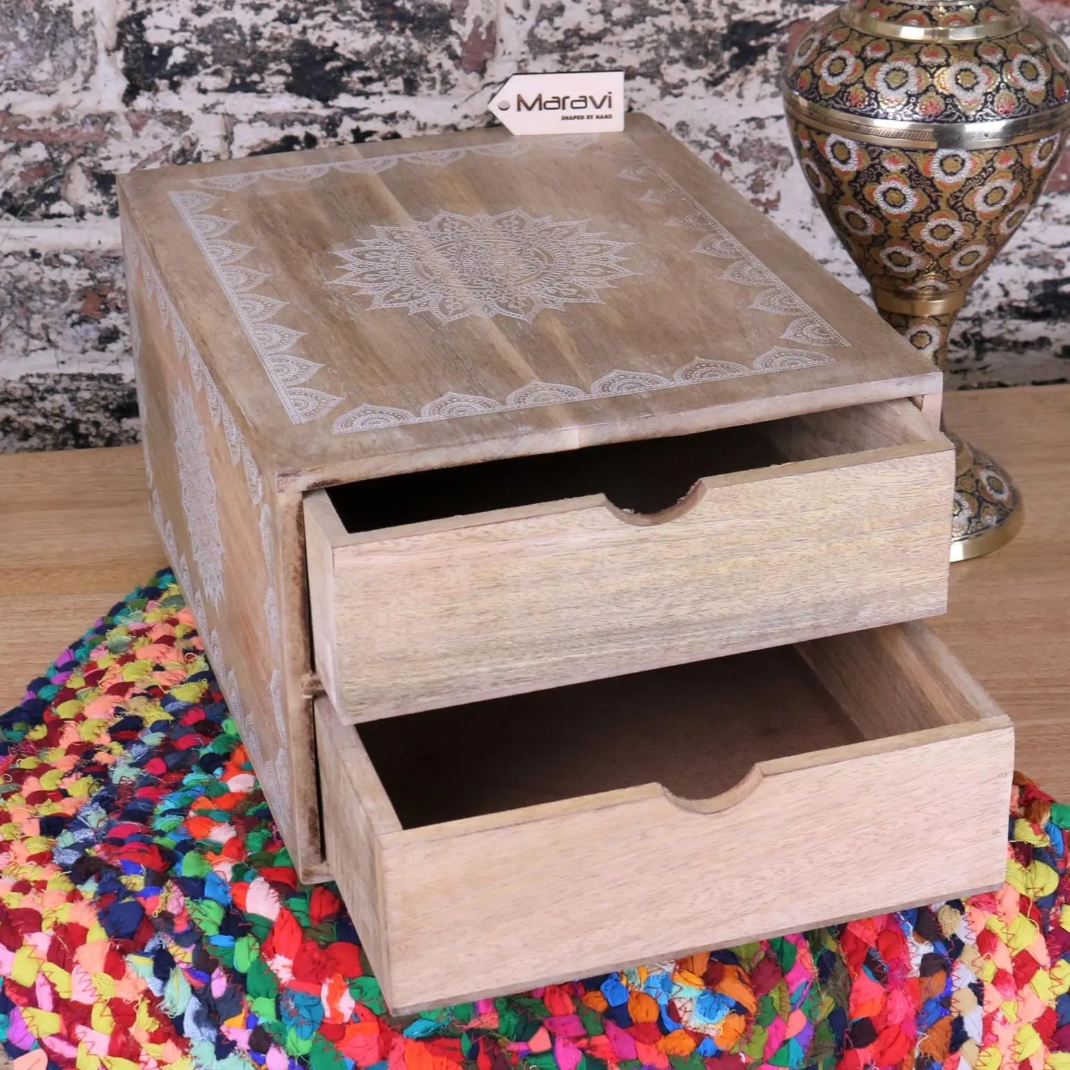 Hijla A4 Wooden Filing Box with Two Drawers and Mandala Design